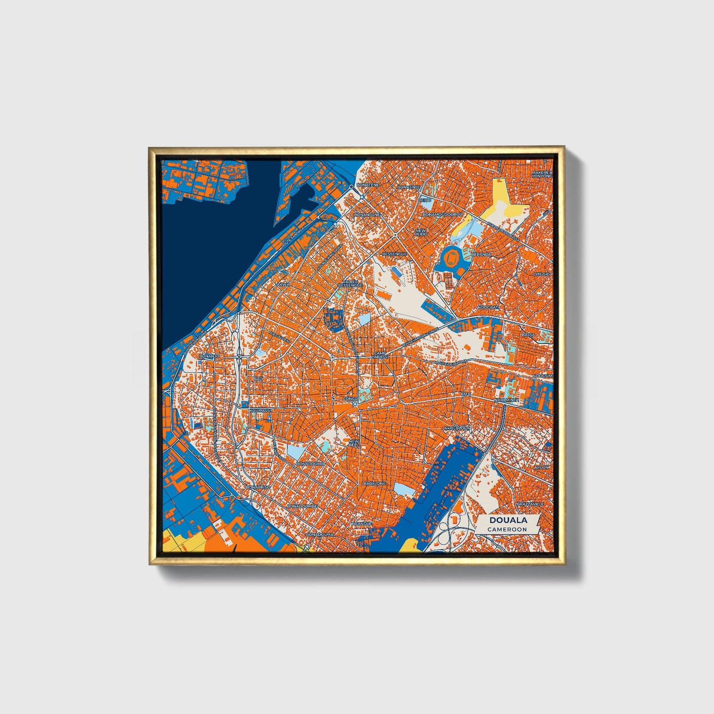 Douala Cameroon Colorful City Map Canvas Print • Gold Framed
