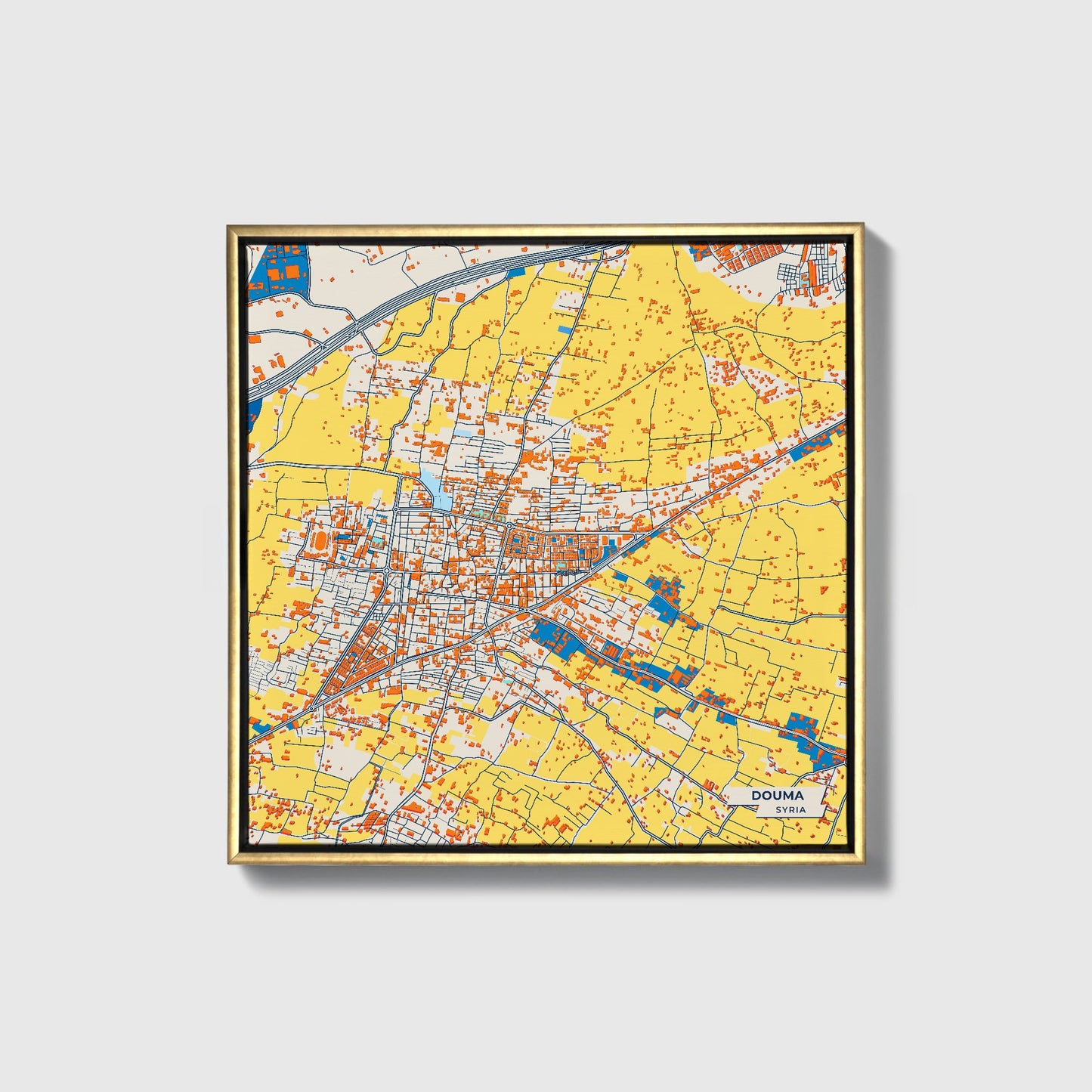 Douma Syria Colorful City Map Canvas Print • Gold Framed