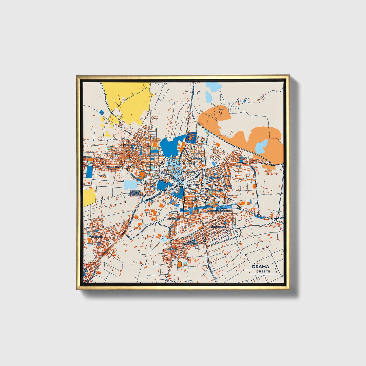 Δραμα Greece Colorful City Map Canvas Print • Gold Framed