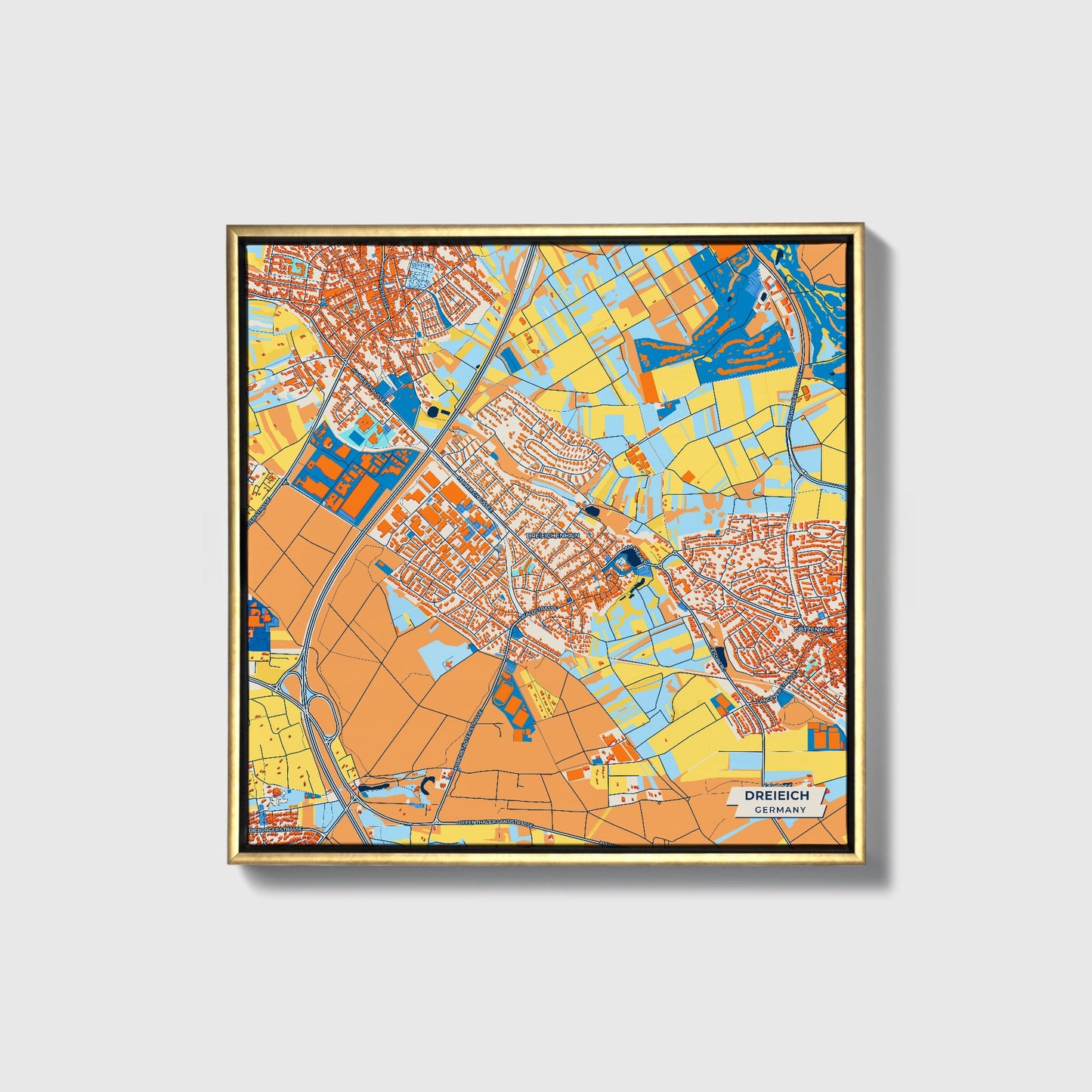 Dreieich Germany Colorful City Map Canvas Print • Gold Framed