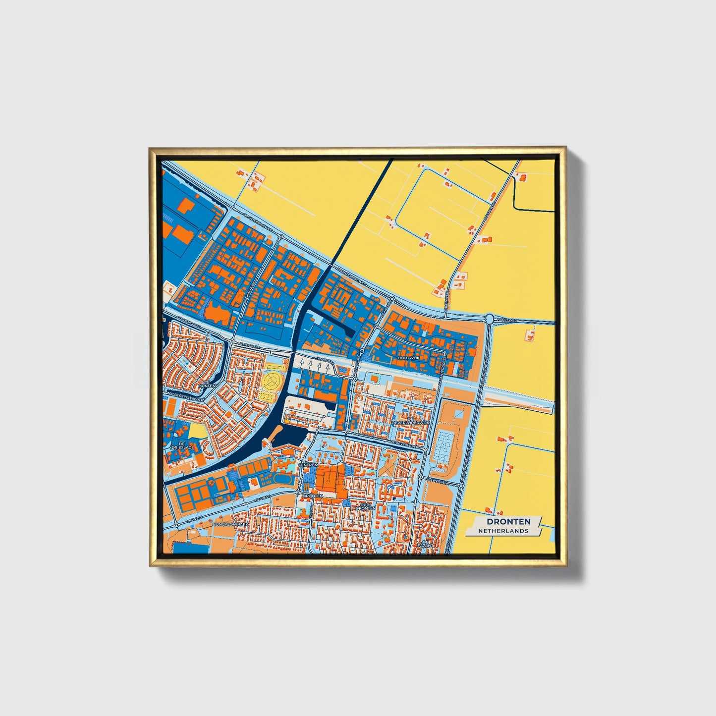 Dronten Netherlands Colorful City Map Canvas Print • Gold Framed
