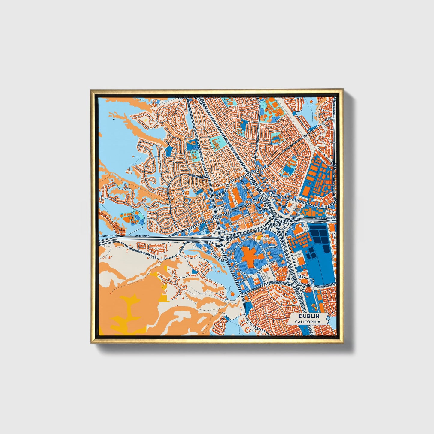 Dublin California Colorful City Map Canvas Print • Gold Framed
