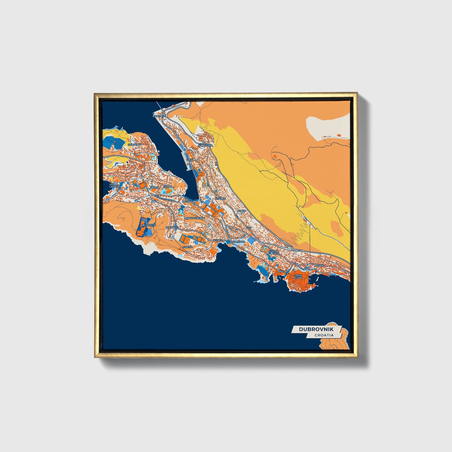 Dubrovnik Croatia Colorful City Map Canvas Print • Gold Framed