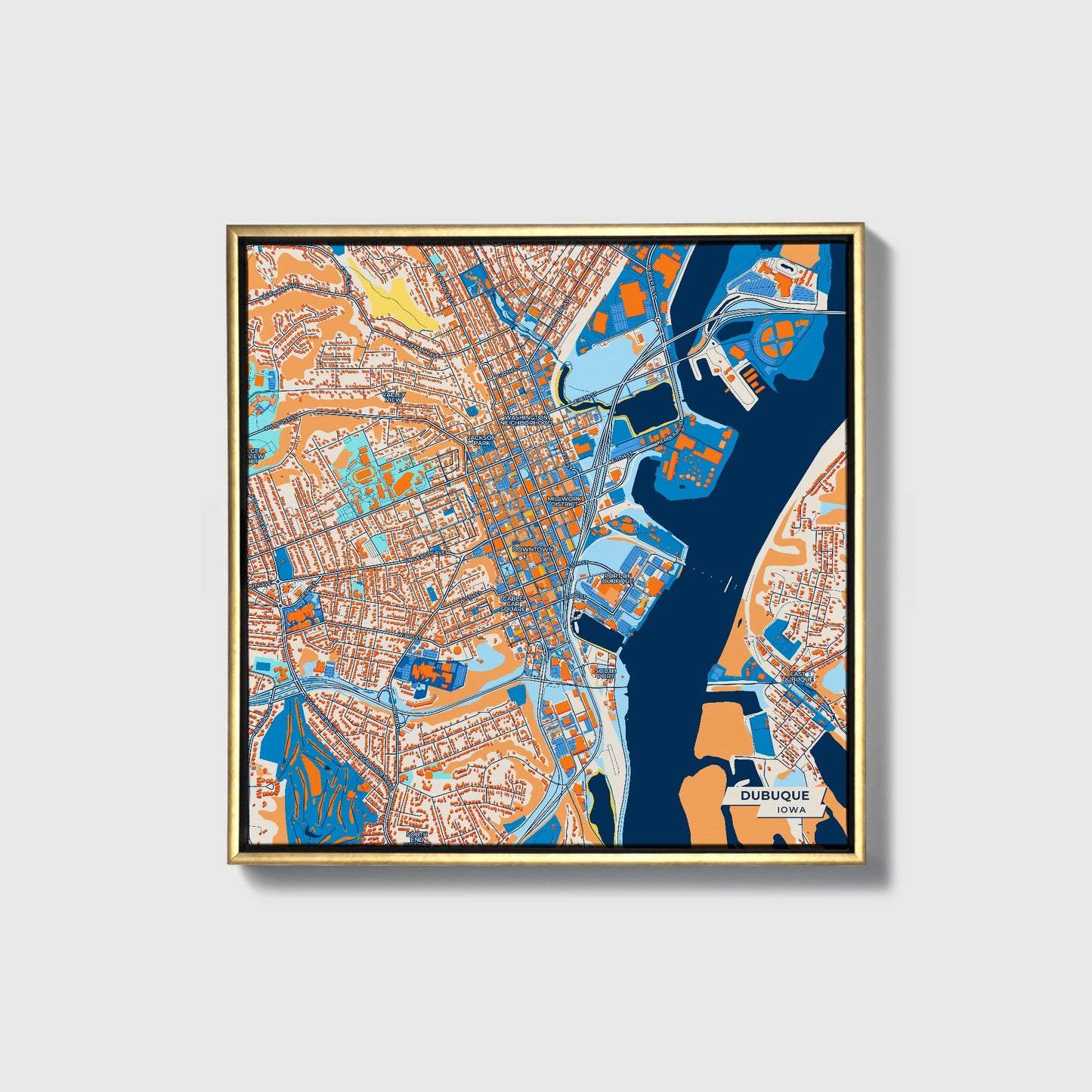 Dubuque Iowa Colorful City Map Canvas Print • Gold Framed