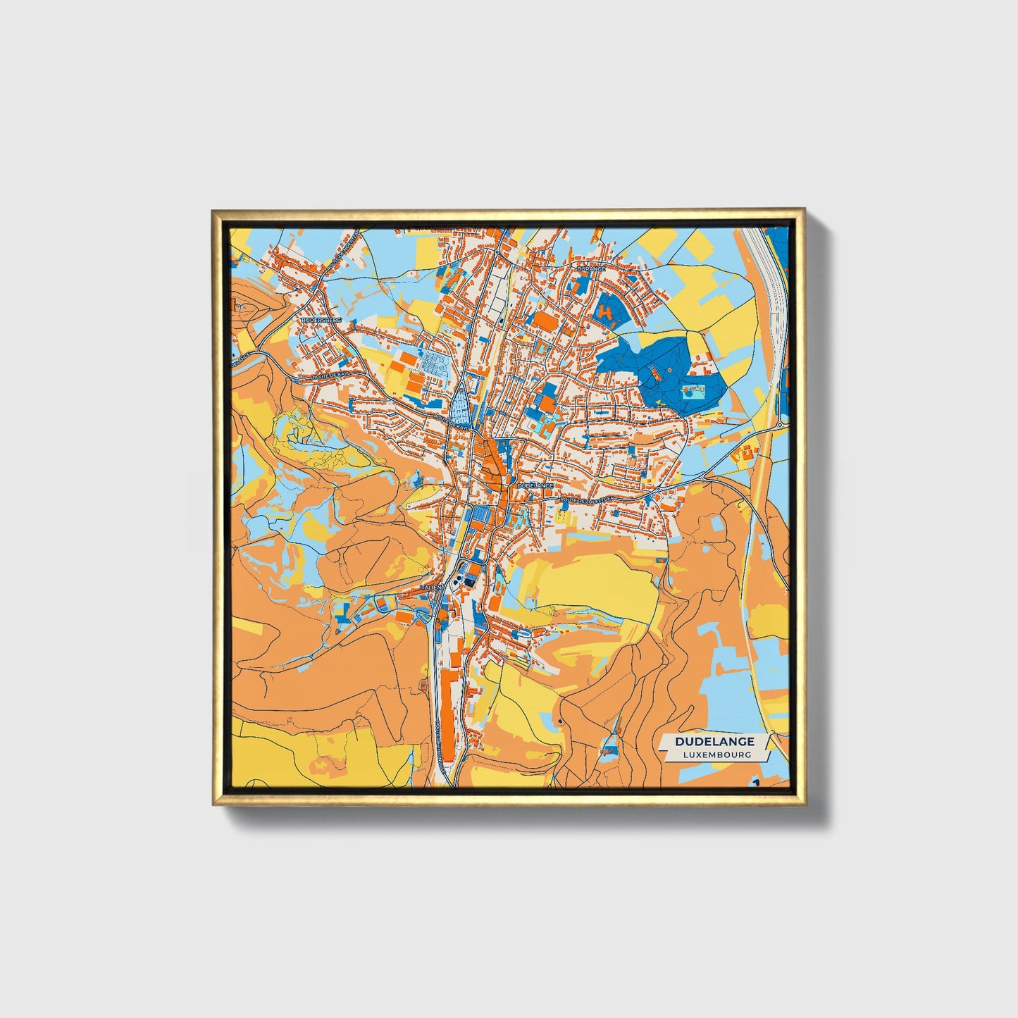 Dudelange Luxembourg Colorful City Map Canvas Print • Gold Framed