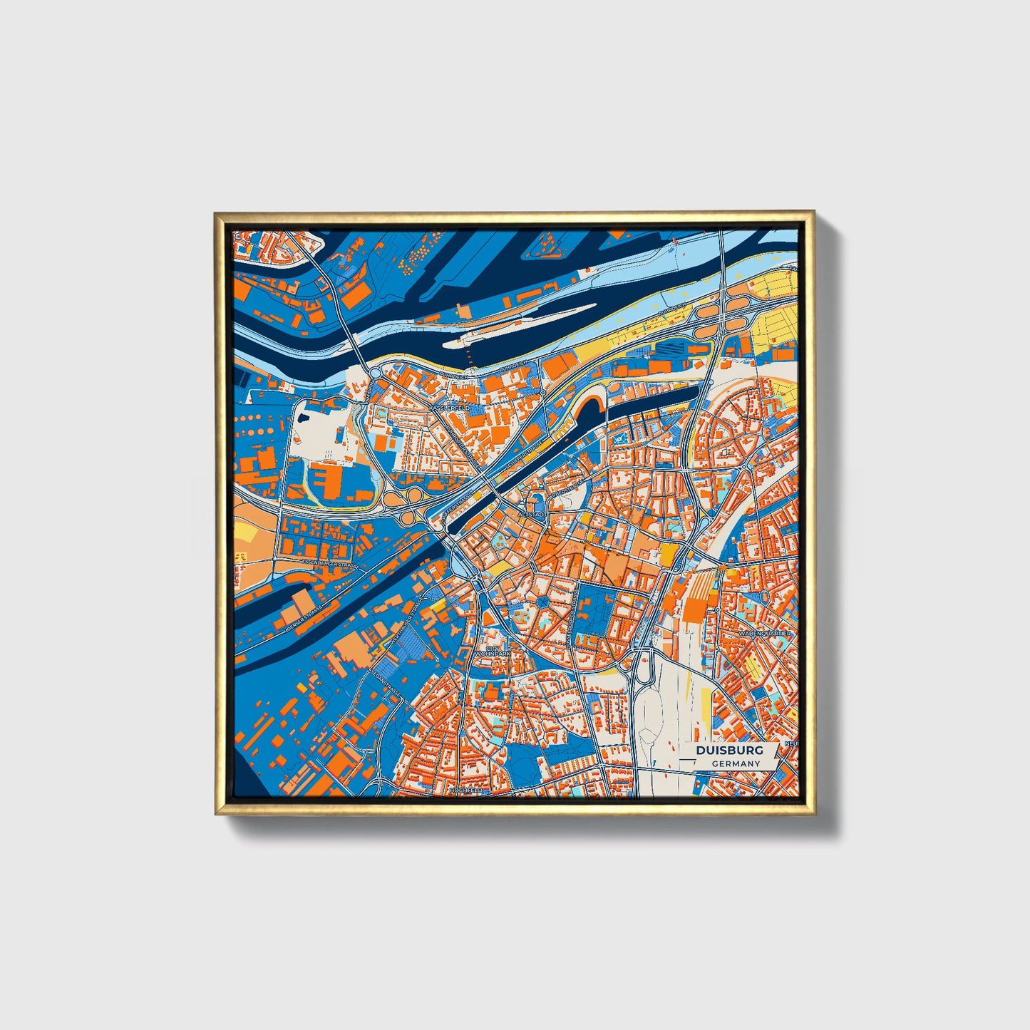 Duisburg Germany Colorful City Map Canvas Print • Gold Framed