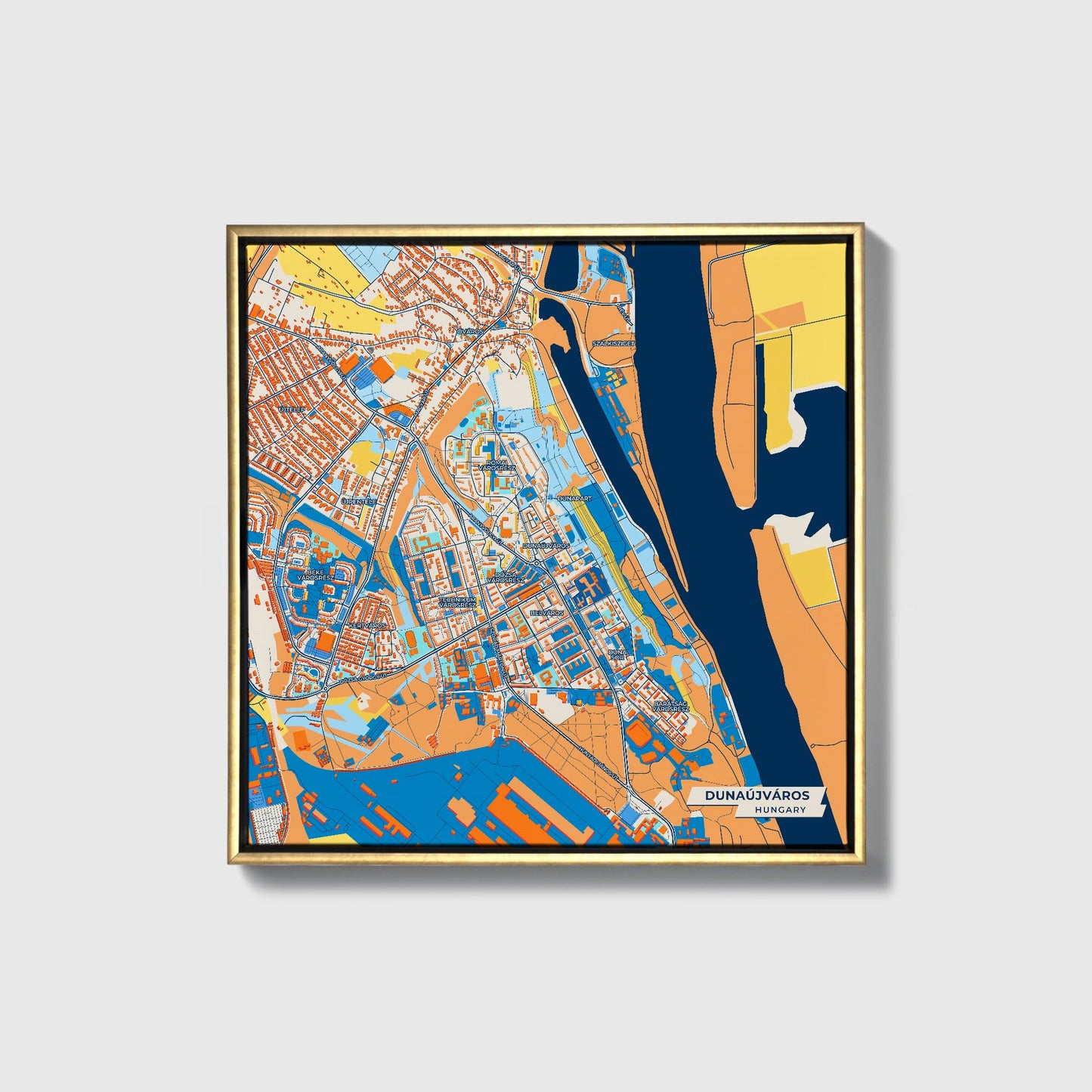 Dunaújváros Hungary Colorful City Map Canvas Print • Gold Framed