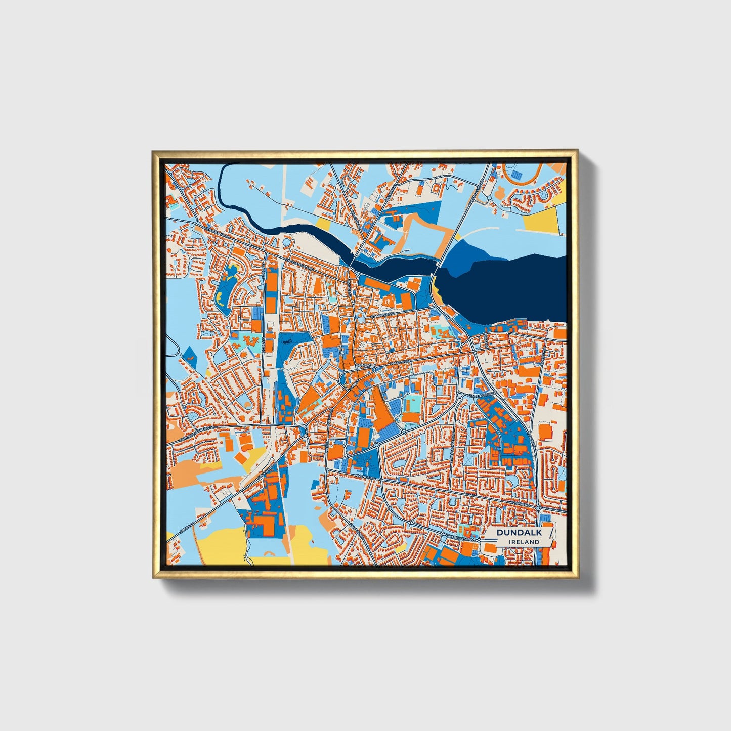 Dundalk Ireland Colorful City Map Canvas Print • Gold Framed