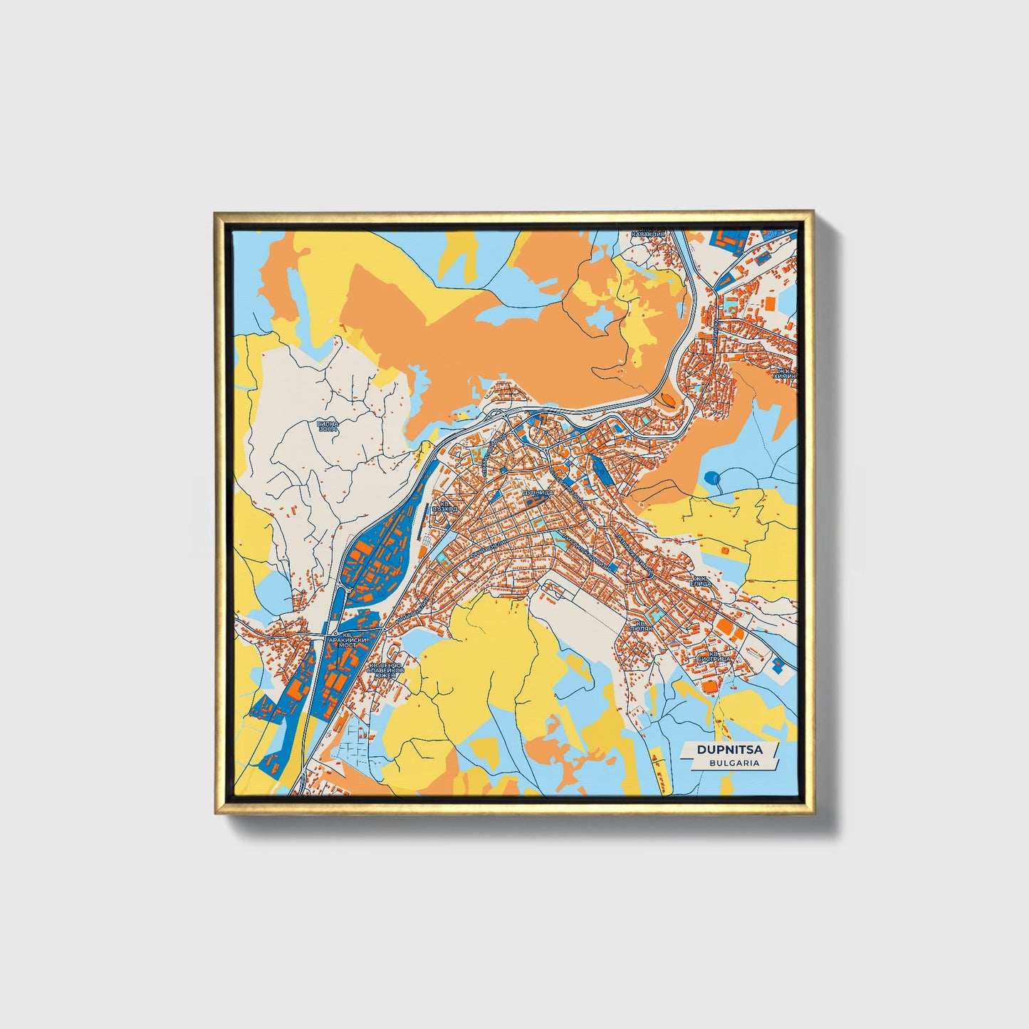 Дупница Bulgaria Colorful City Map Canvas Print • Gold Framed