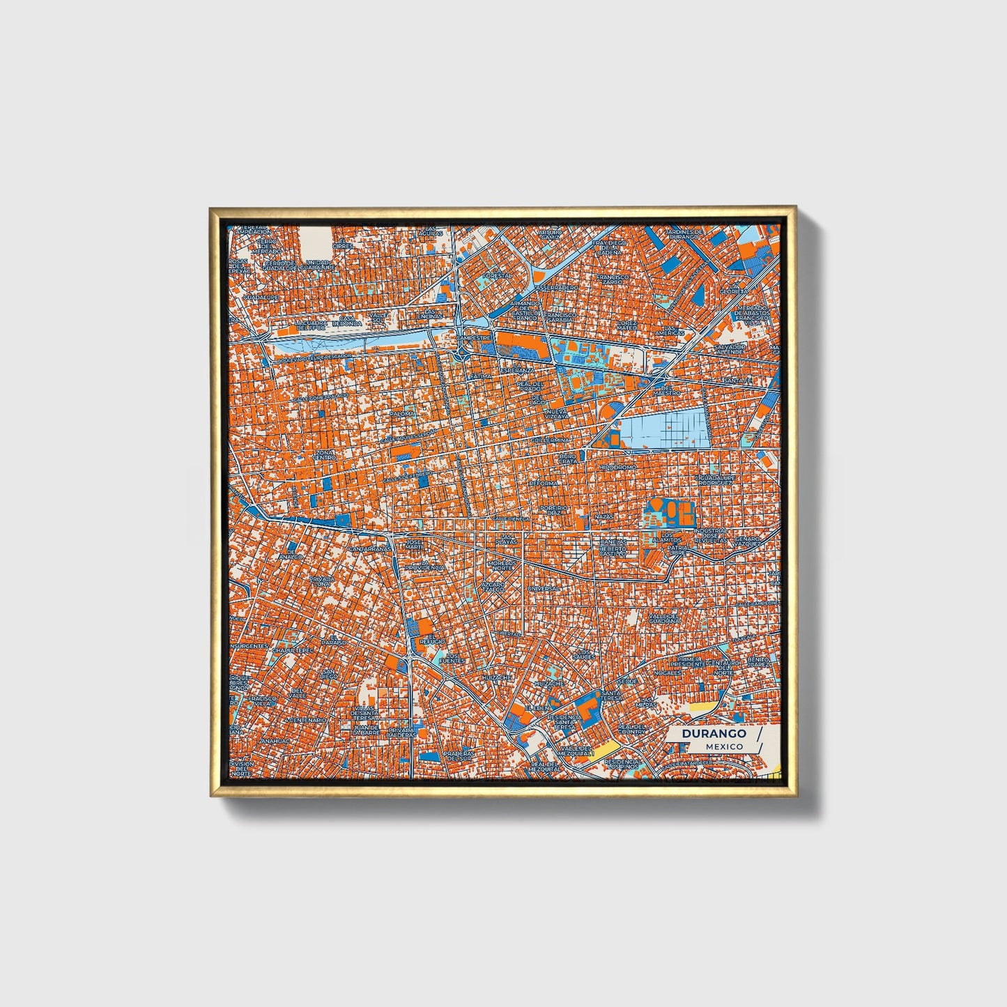 Durango Mexico Colorful City Map Canvas Print • Gold Framed
