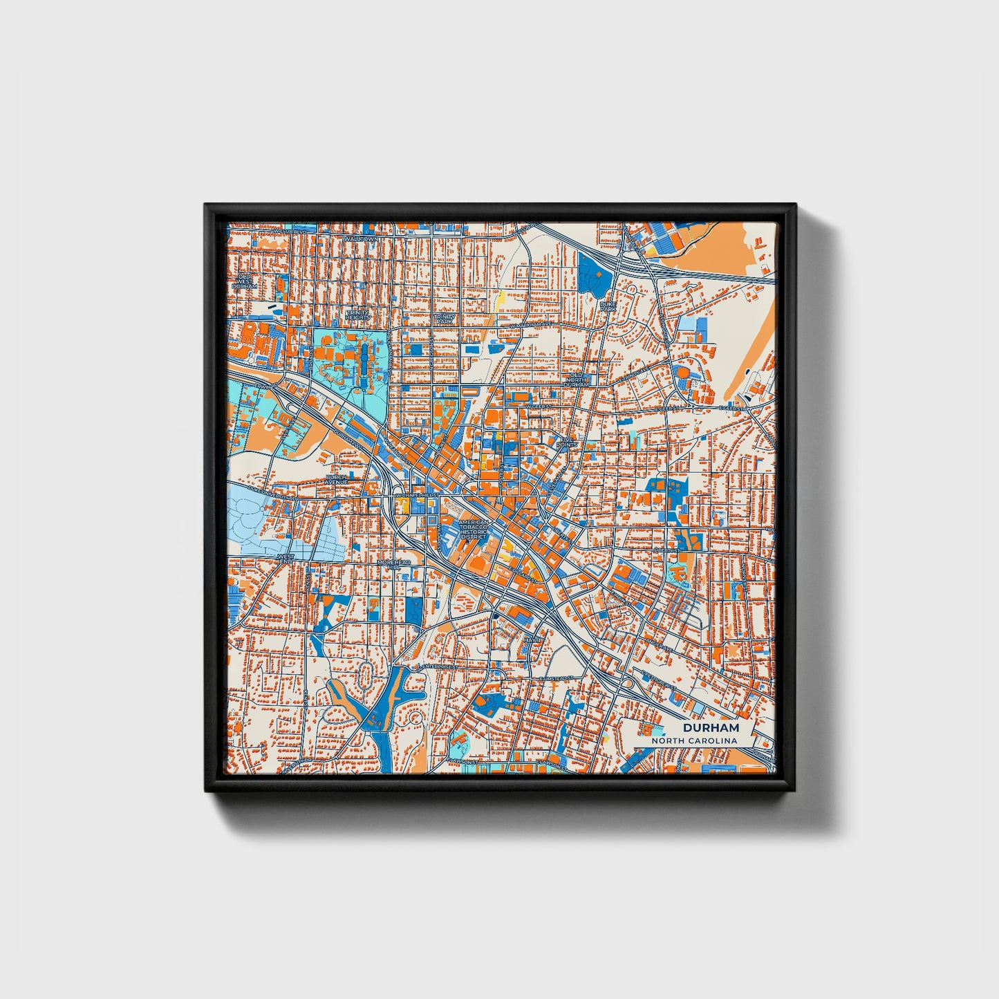 Durham North Carolina Colorful City Map Canvas Print • Black Framed