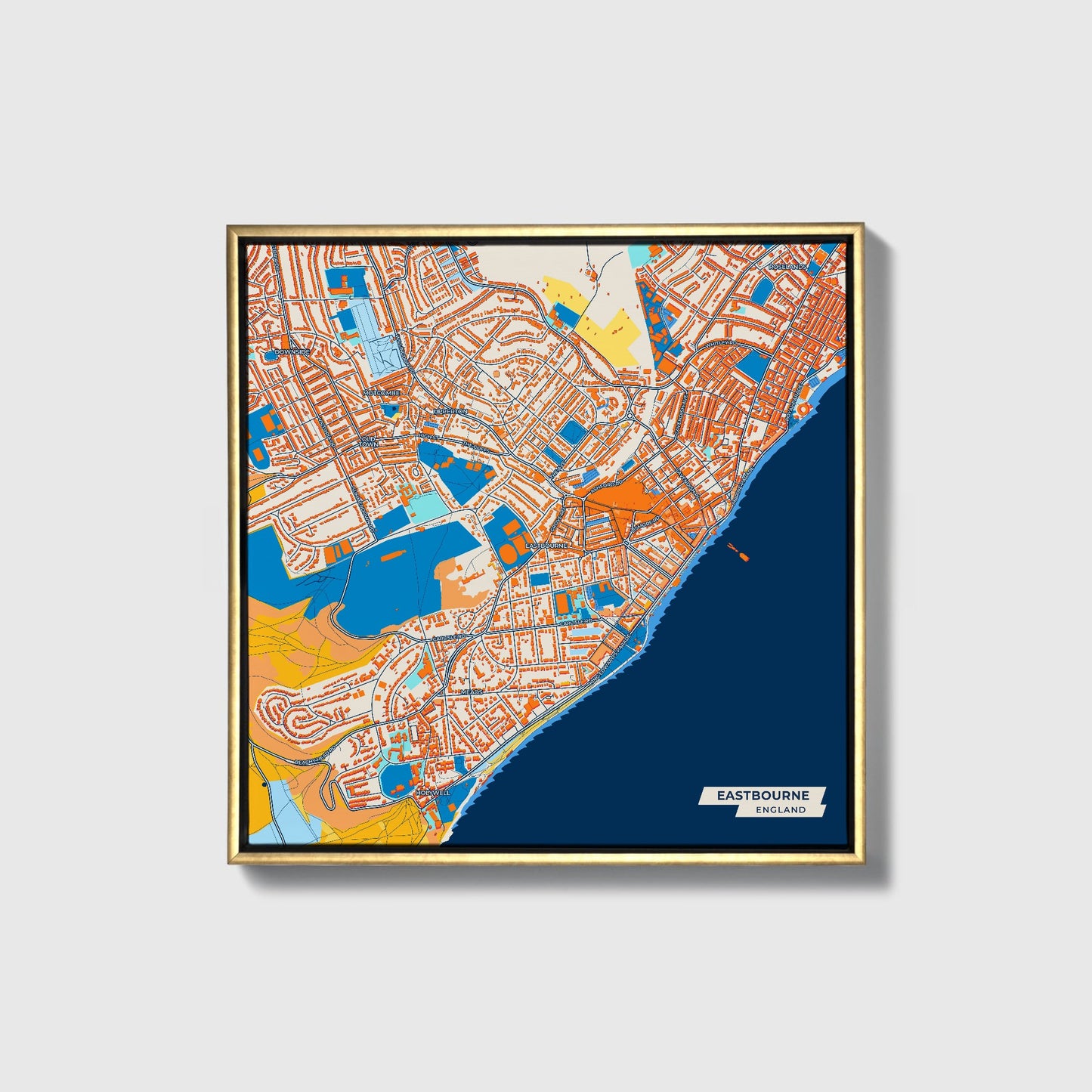 Eastbourne England Colorful City Map Canvas Print • Gold Framed