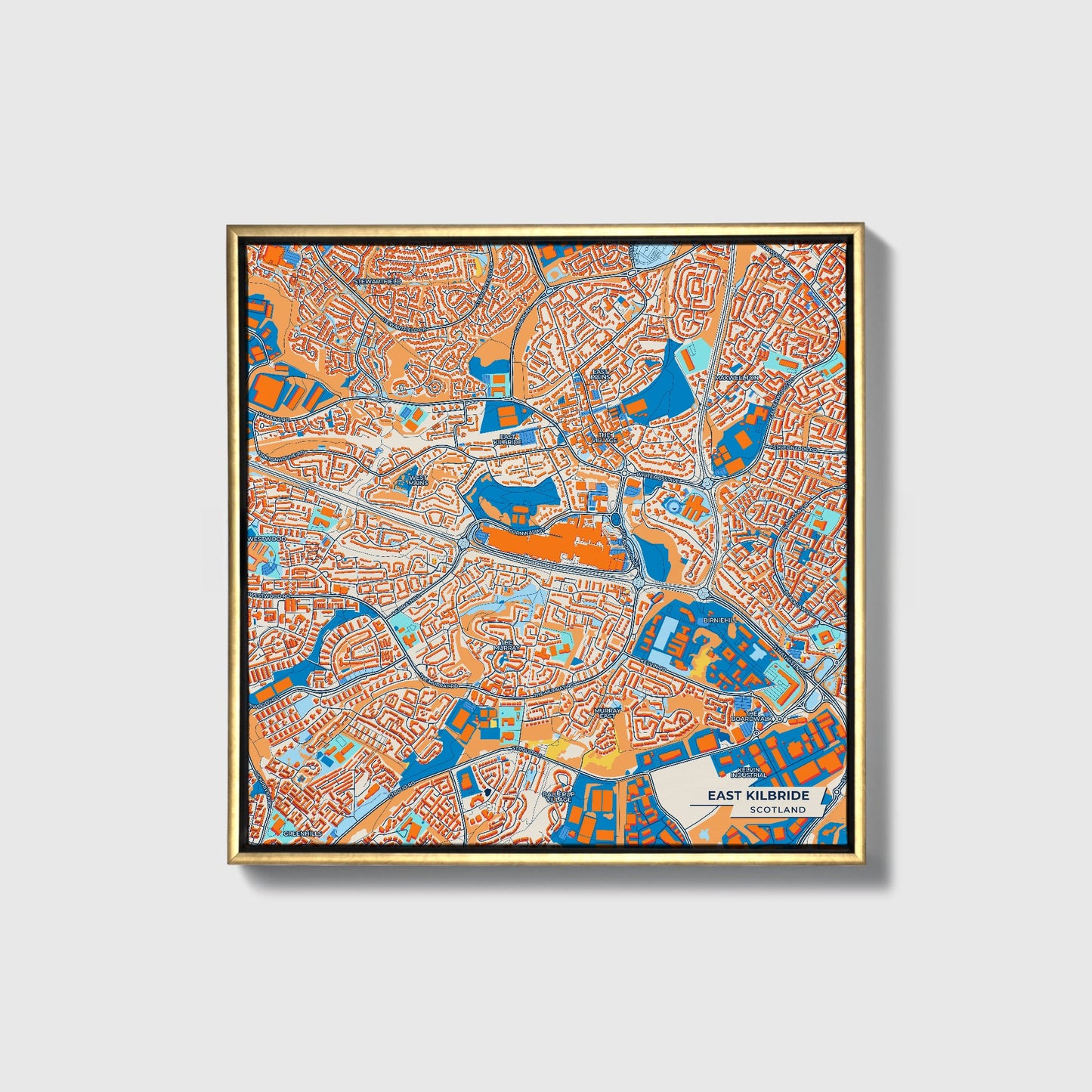 East Kilbride Scotland Colorful City Map Canvas Print • Gold Framed