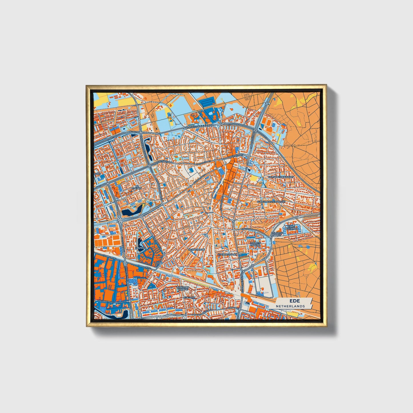 Ede Netherlands Colorful City Map Canvas Print • Gold Framed