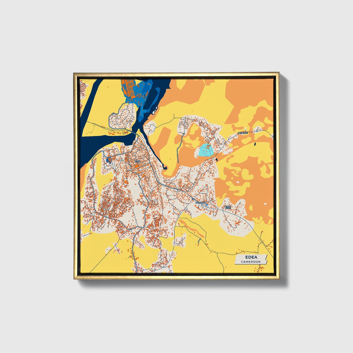 Edea Cameroon Colorful City Map Canvas Print • Gold Framed
