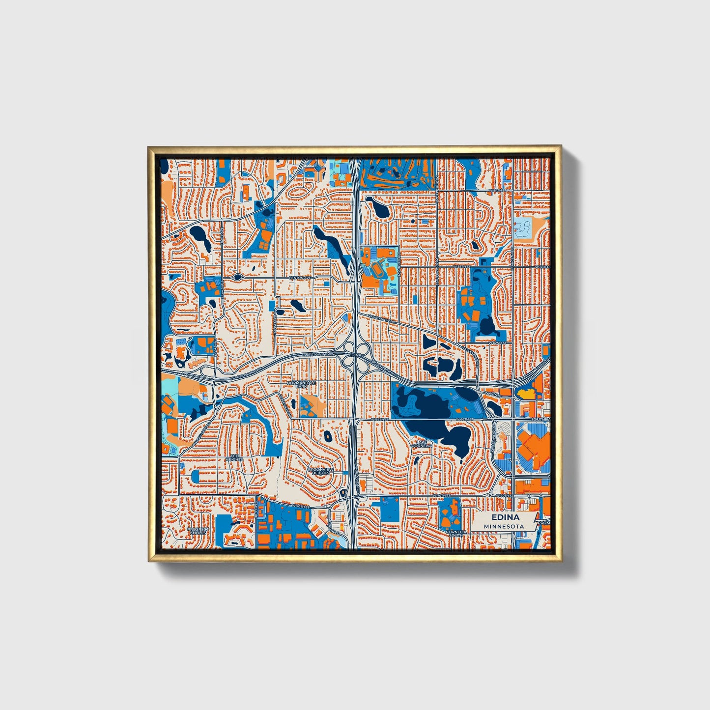 Edina Minnesota Colorful City Map Canvas Print • Gold Framed