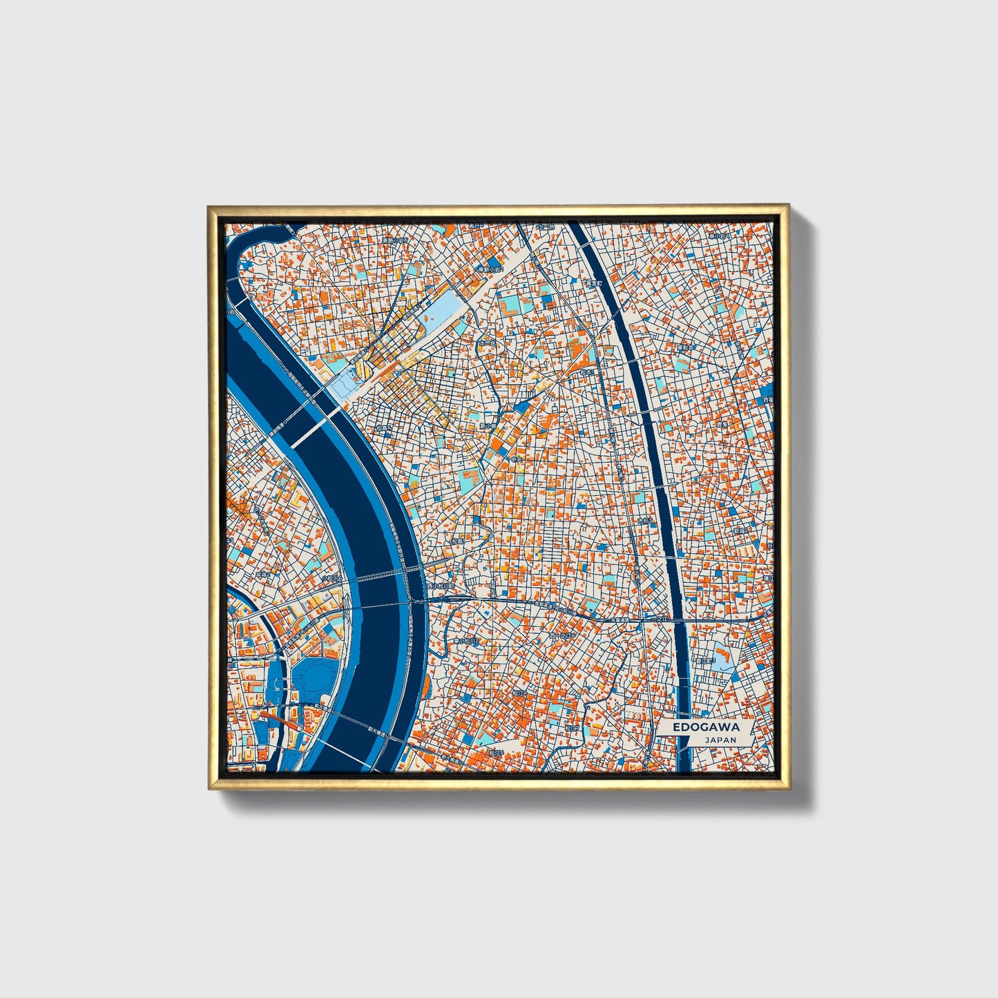 Edogawa Japan Colorful City Map Canvas Print • Gold Framed