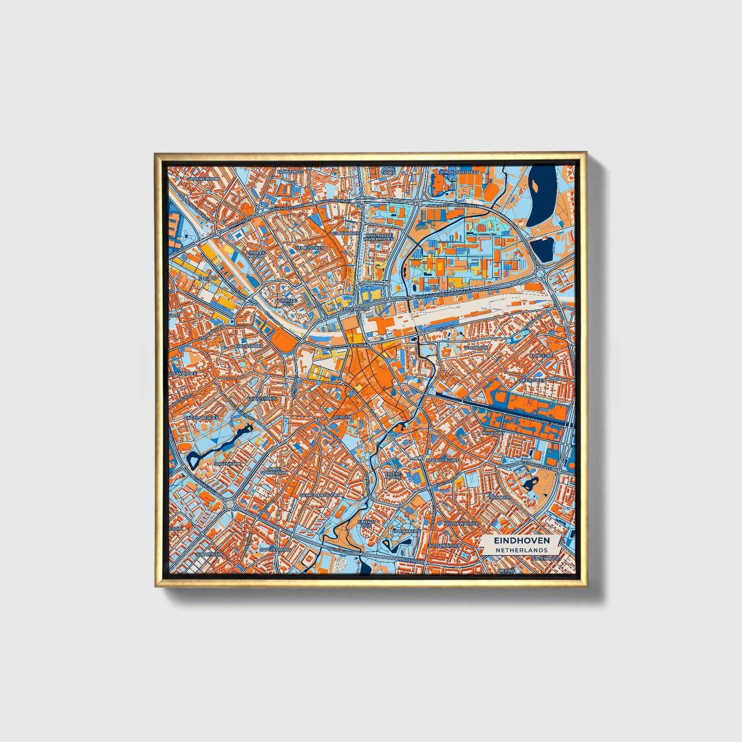 Eindhoven Netherlands Colorful City Map Canvas Print • Gold Framed