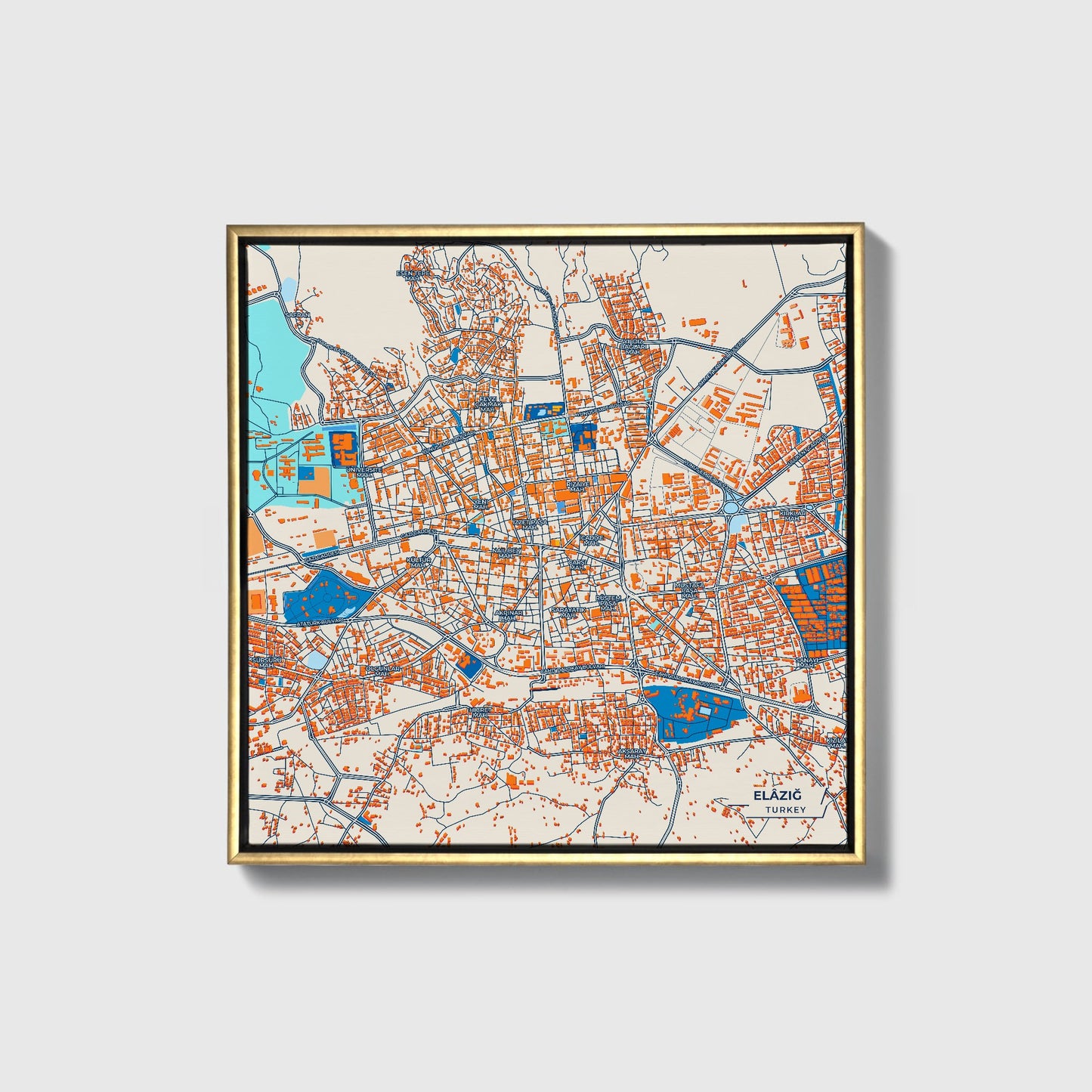 Elaziğ Turkey Colorful City Map Canvas Print • Gold Framed