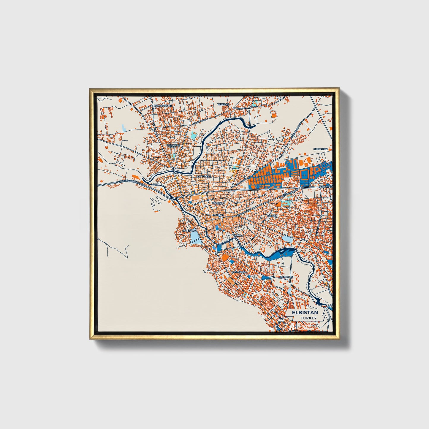 Elbi̇stan Turkey Colorful City Map Canvas Print • Gold Framed