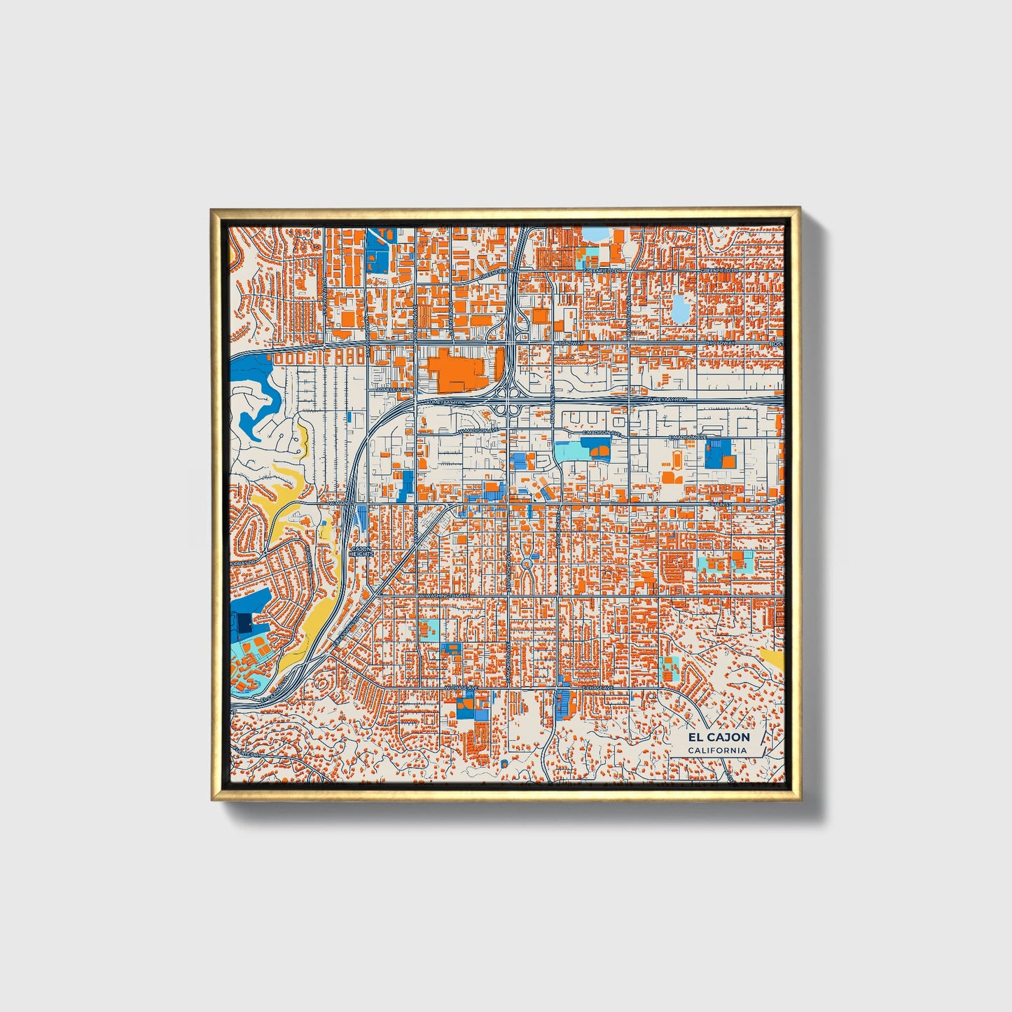El Cajon California Colorful City Map Canvas Print • Gold Framed