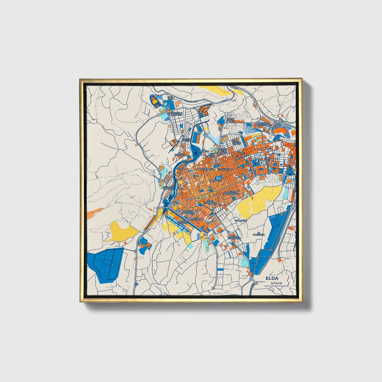 Elda Spain Colorful City Map Canvas Print • Gold Framed