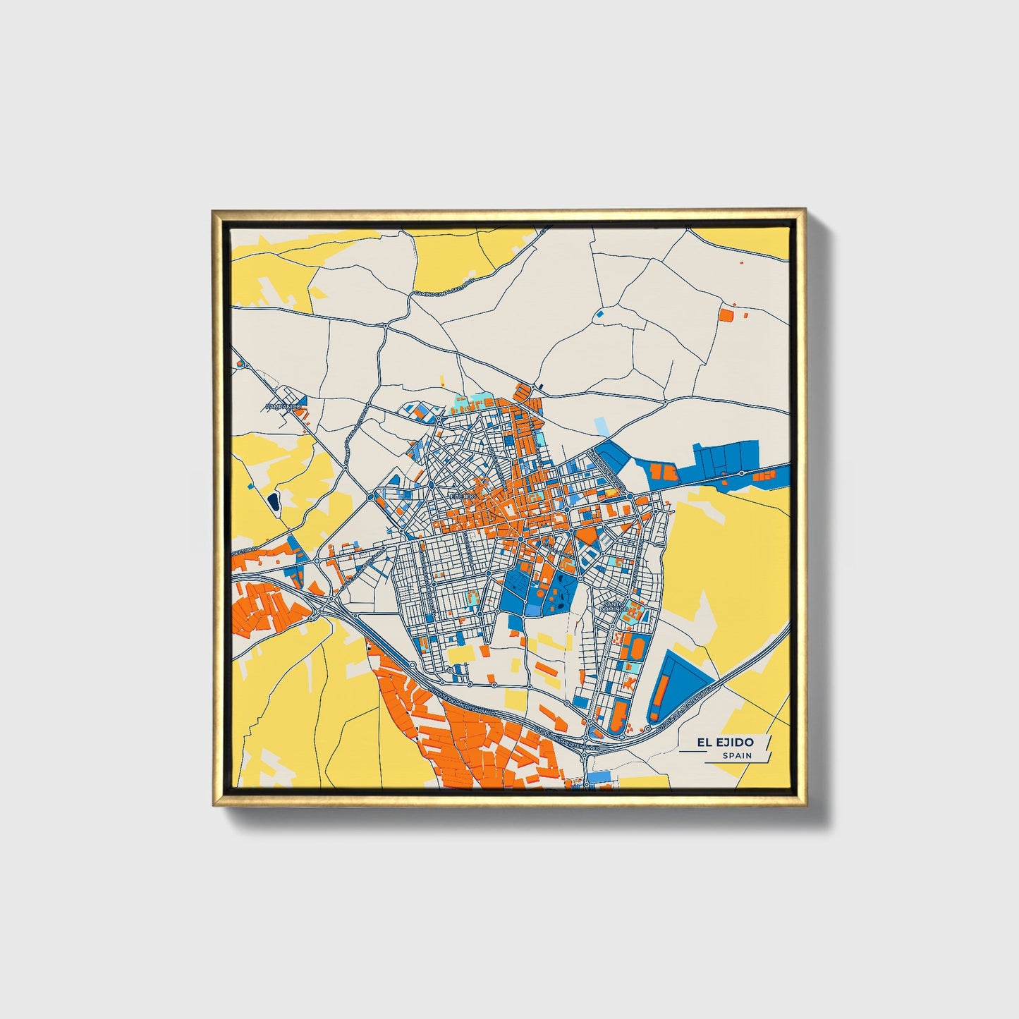 El Ejido Spain Colorful City Map Canvas Print • Gold Framed