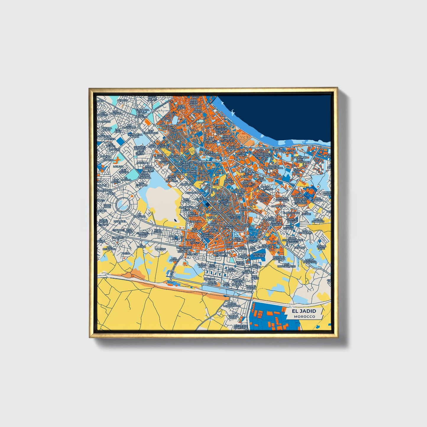 El Jadid Morocco Colorful City Map Canvas Print • Gold Framed