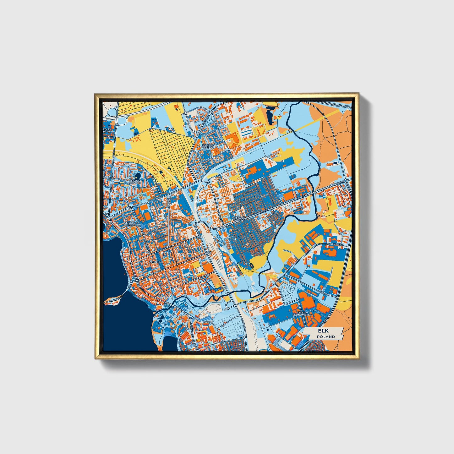 Ełk Poland Colorful City Map Canvas Print • Gold Framed