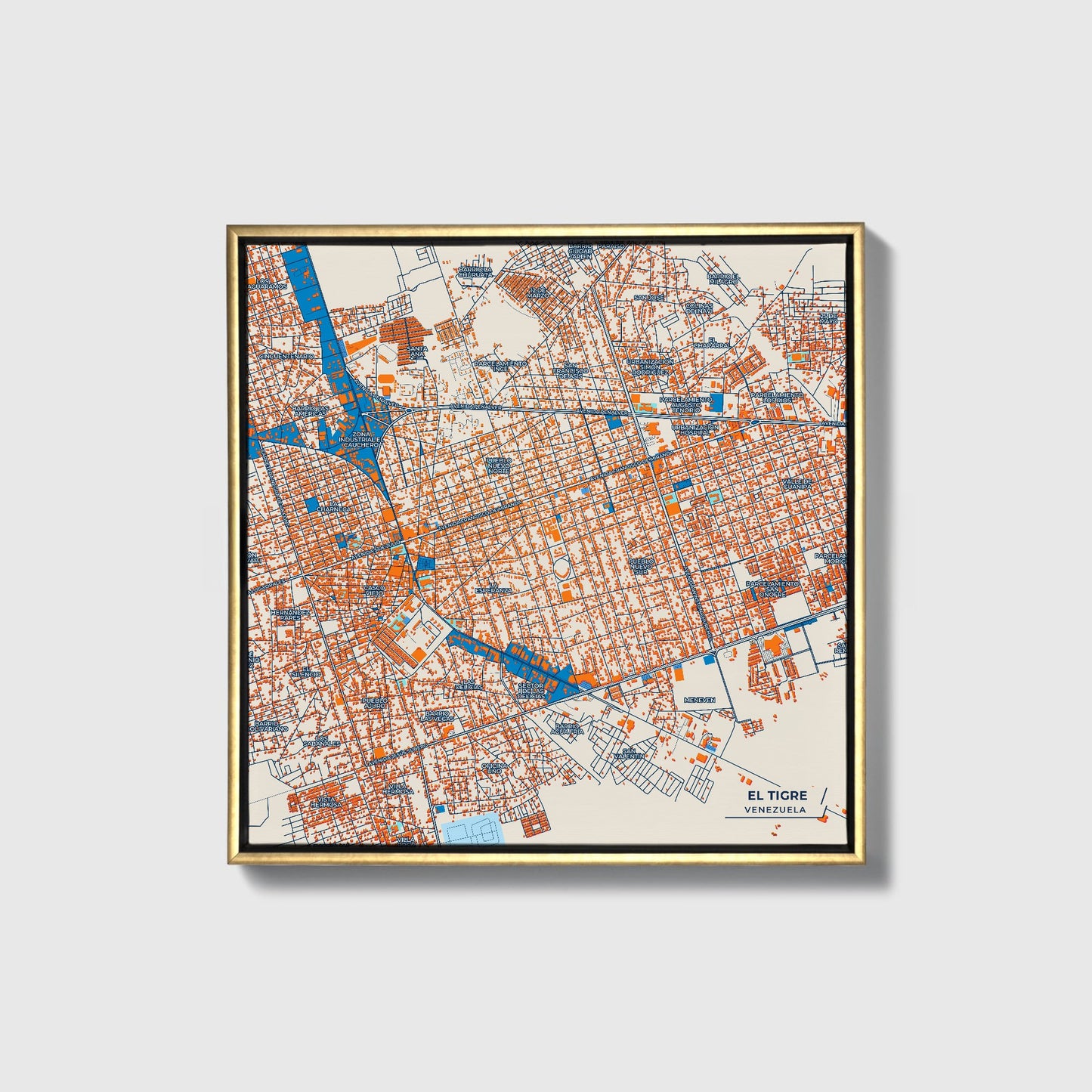 El Tigre Venezuela Colorful City Map Canvas Print • Gold Framed