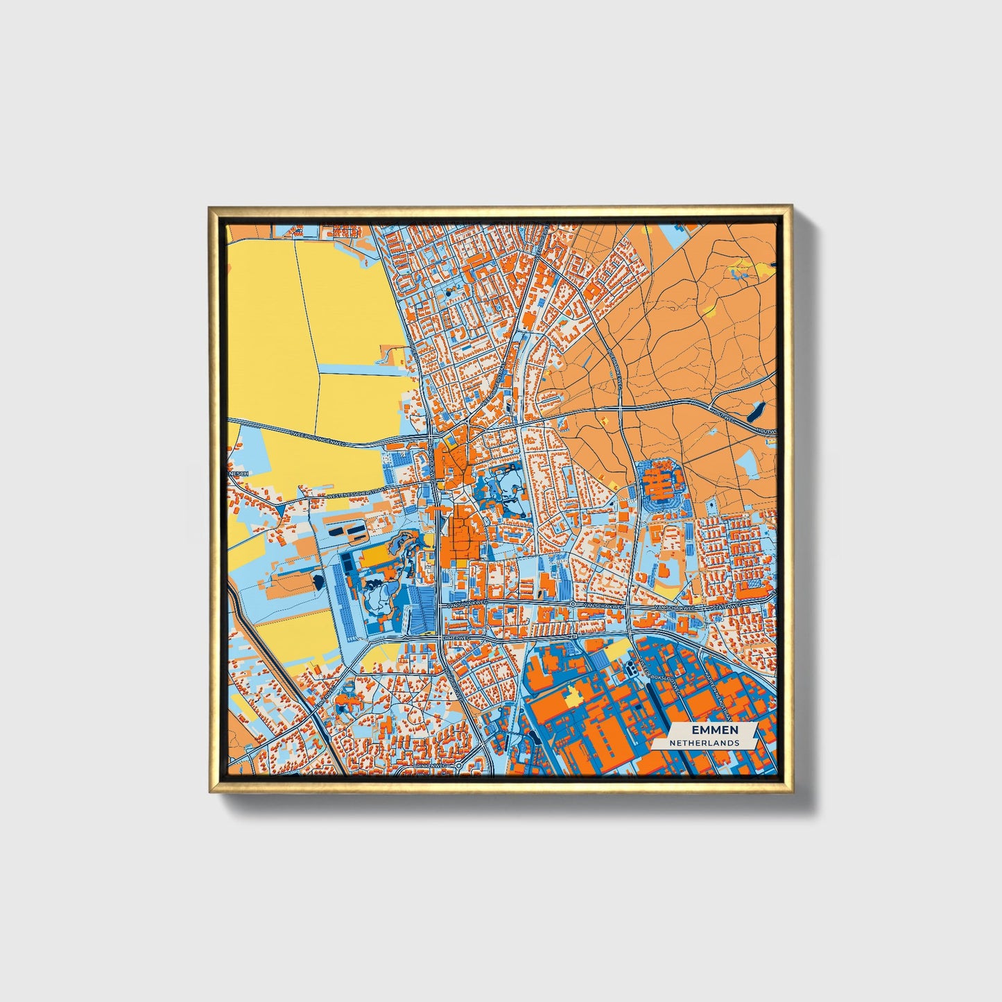 Emmen Netherlands Colorful City Map Canvas Print • Gold Framed