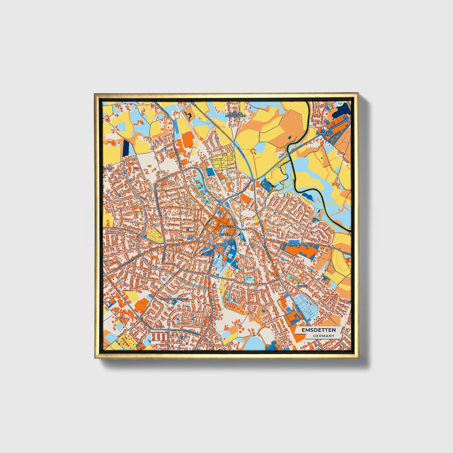 Emsdetten Germany Colorful City Map Canvas Print • Gold Framed