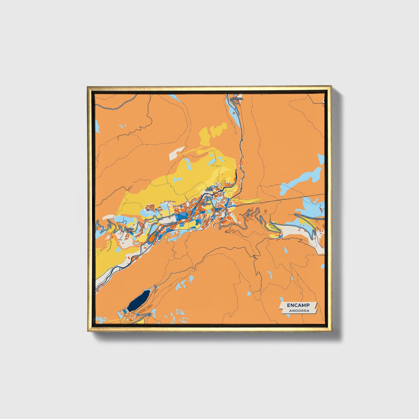 Encamp Andorra Colorful City Map Canvas Print • Gold Framed