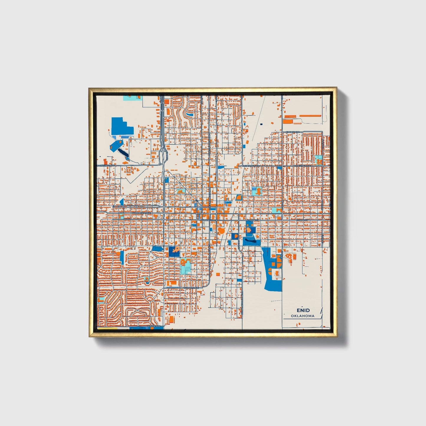 Enid Oklahoma Colorful City Map Canvas Print • Gold Framed