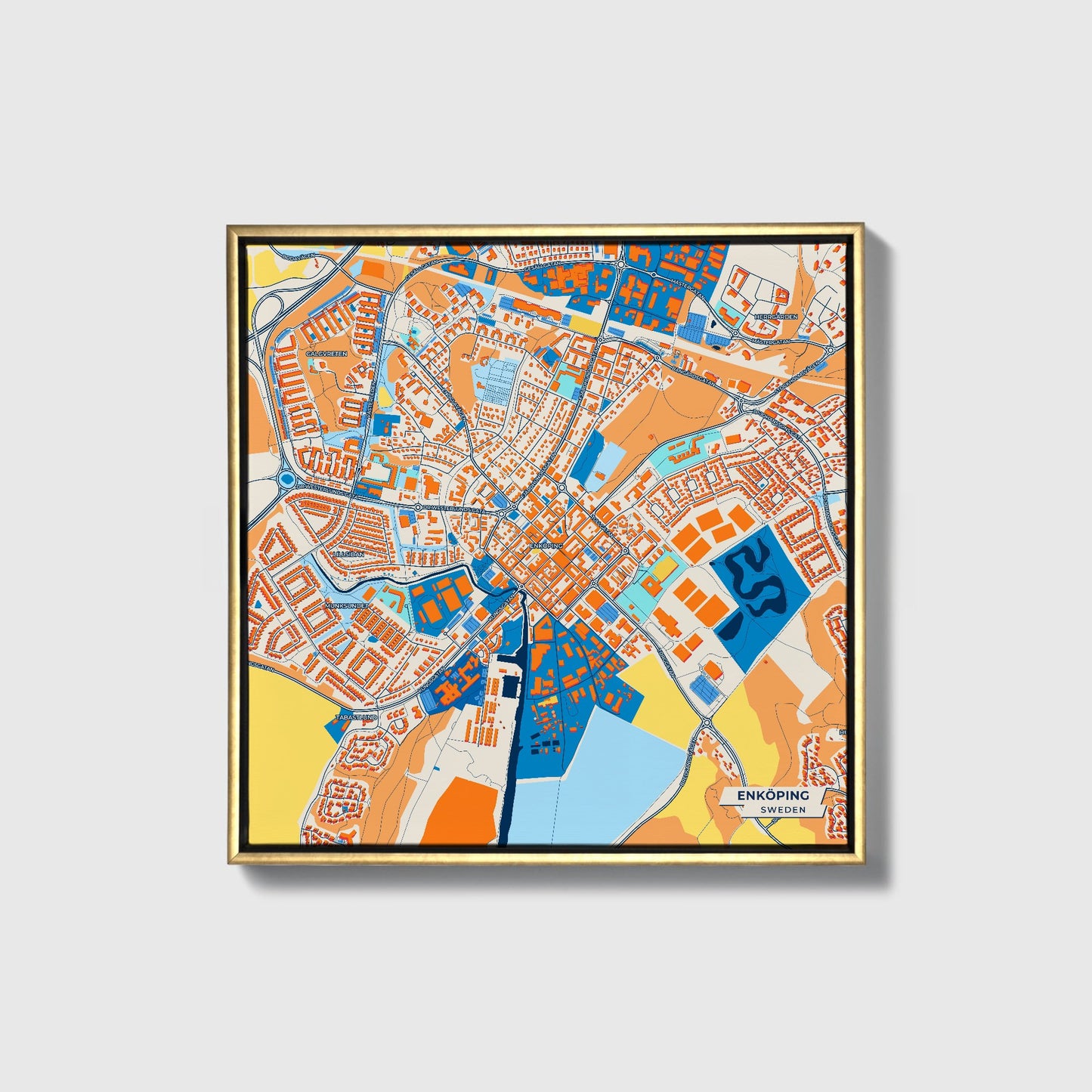 Enköping Sweden Colorful City Map Canvas Print • Gold Framed