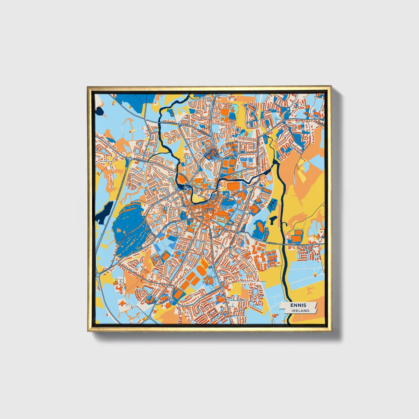 Ennis Ireland Colorful City Map Canvas Print • Gold Framed