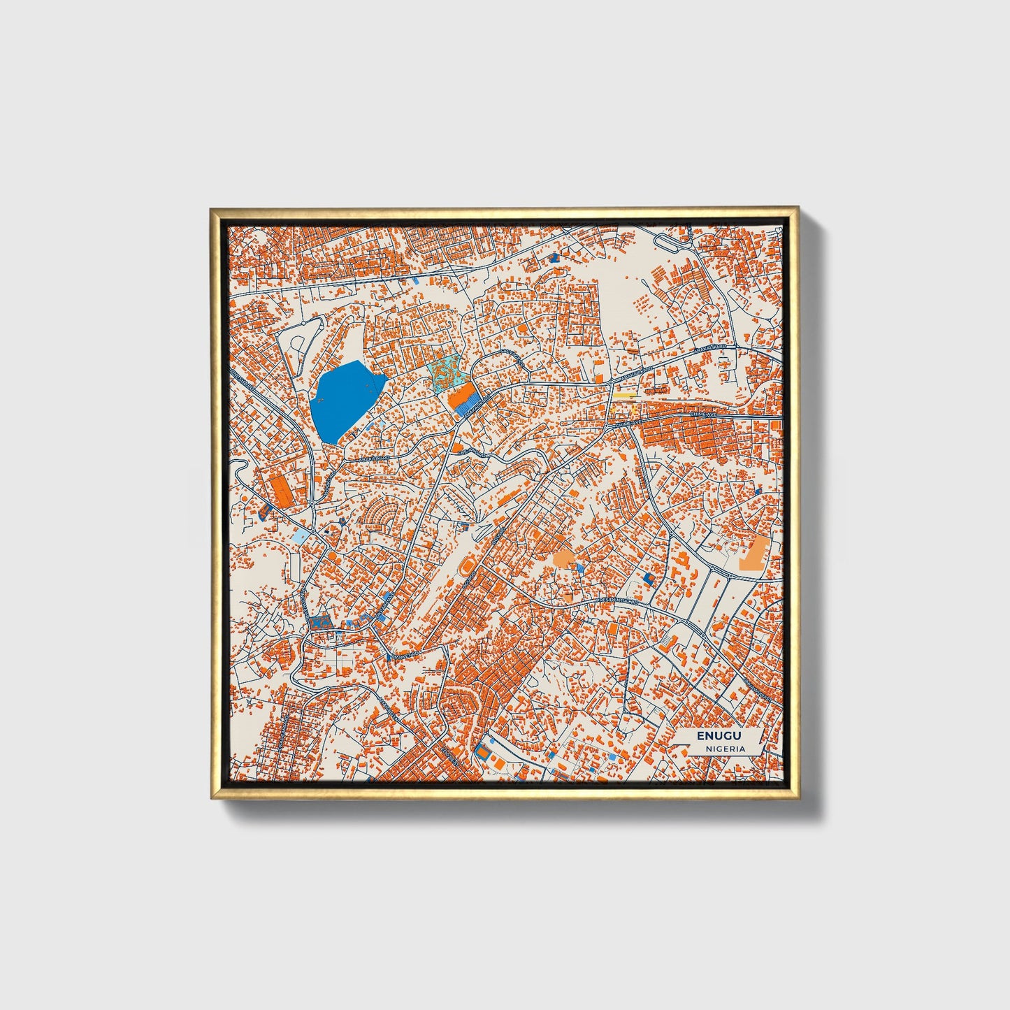 Enugu Nigeria Colorful City Map Canvas Print • Gold Framed