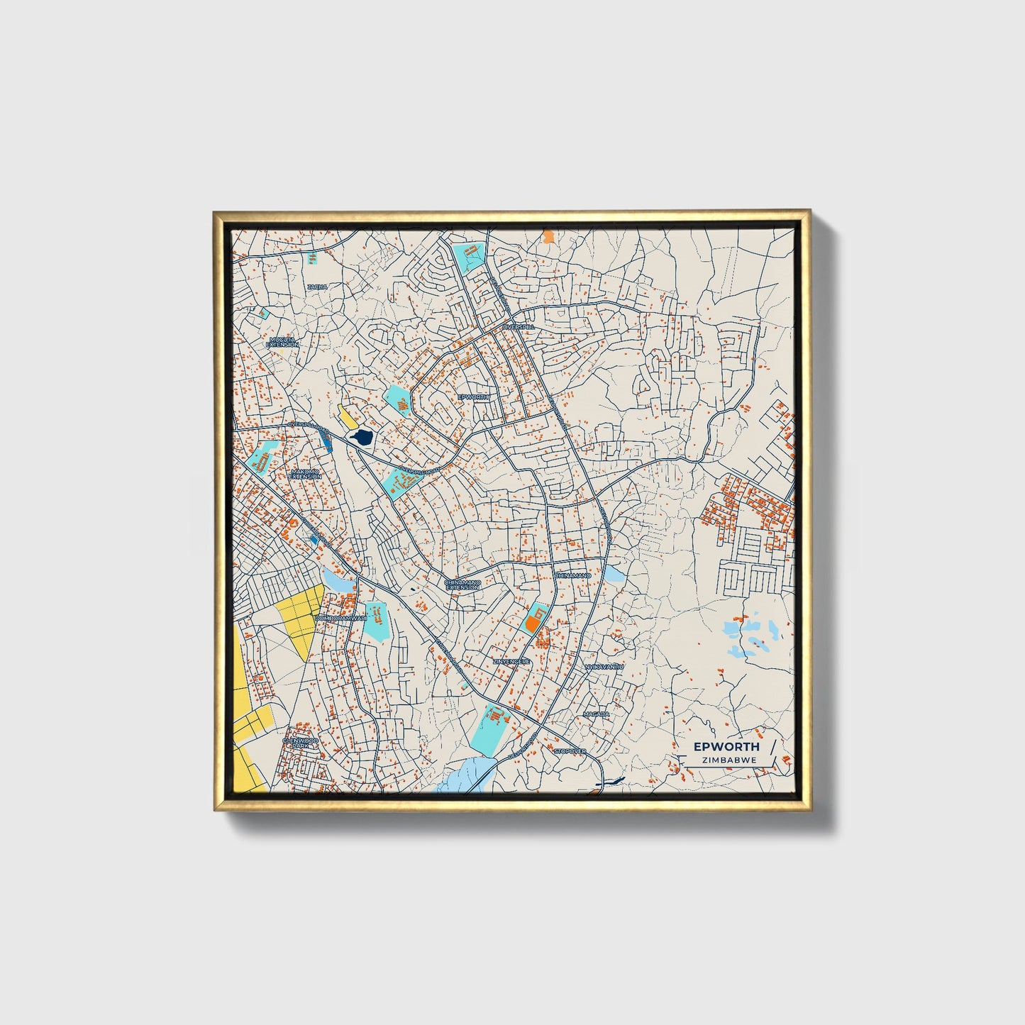 Epworth Zimbabwe Colorful City Map Canvas Print • Gold Framed