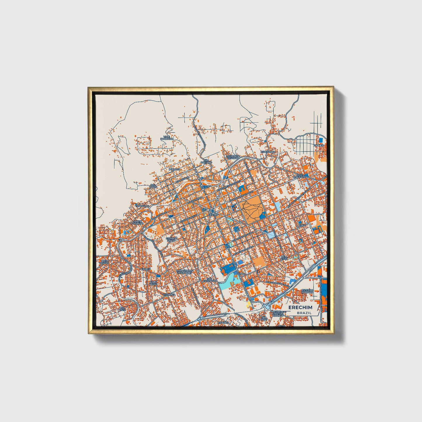 Erechim Brazil Colorful City Map Canvas Print • Gold Framed