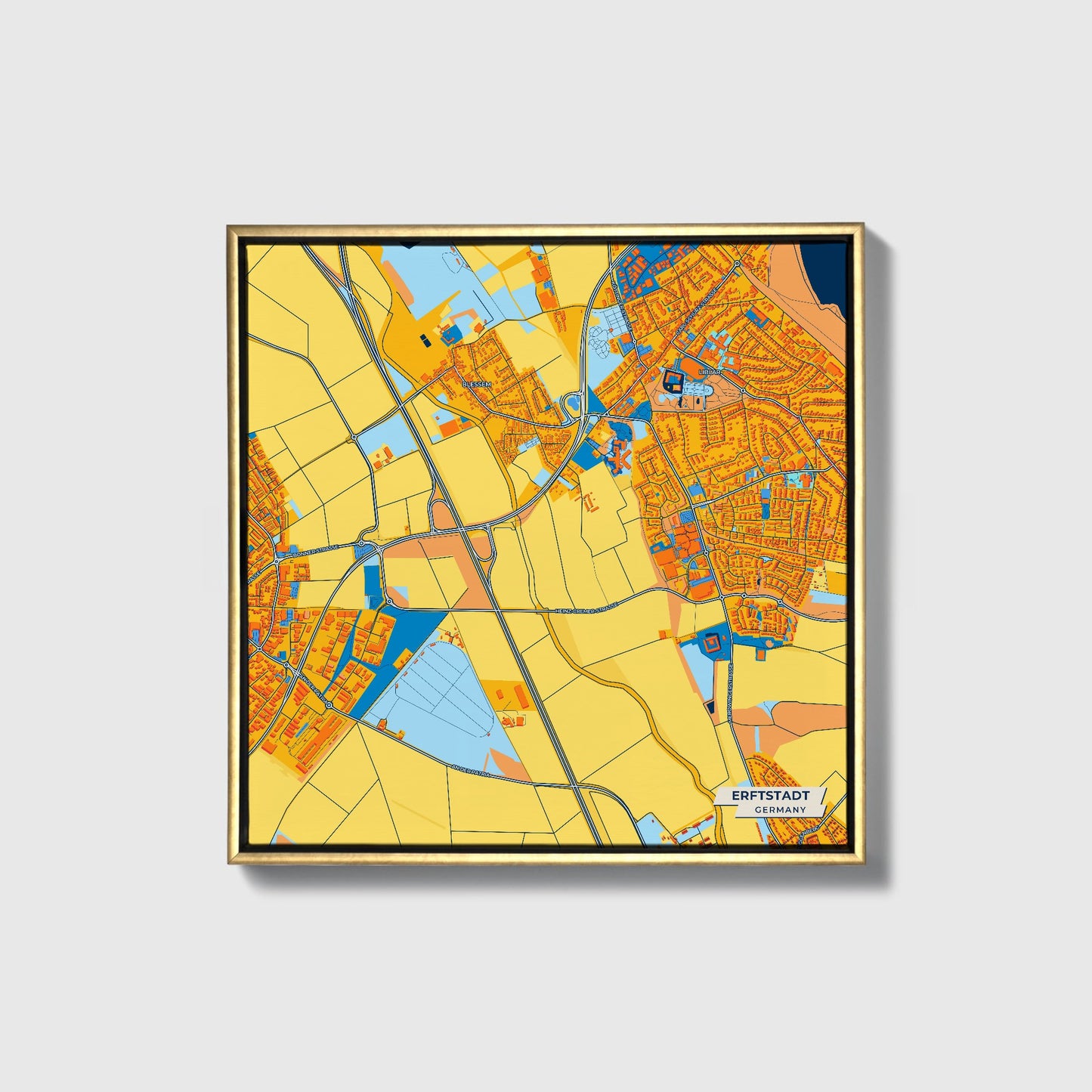 Erftstadt Germany Colorful City Map Canvas Print • Gold Framed