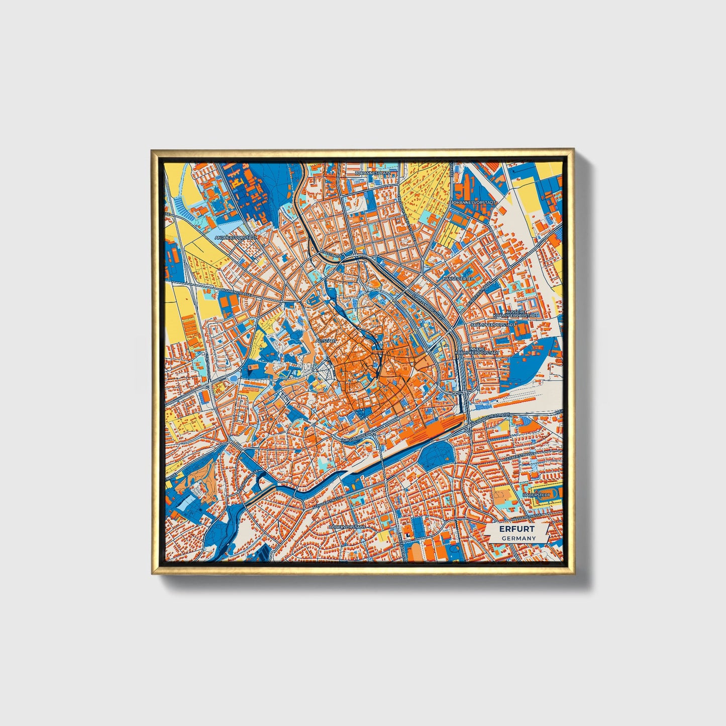 Erfurt Germany Colorful City Map Canvas Print • Gold Framed