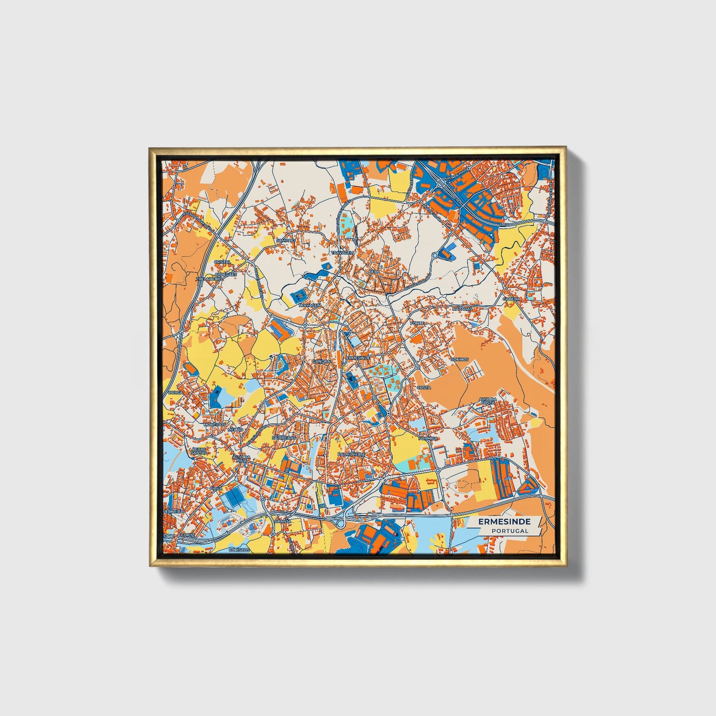 Ermesinde Portugal Colorful City Map Canvas Print • Gold Framed