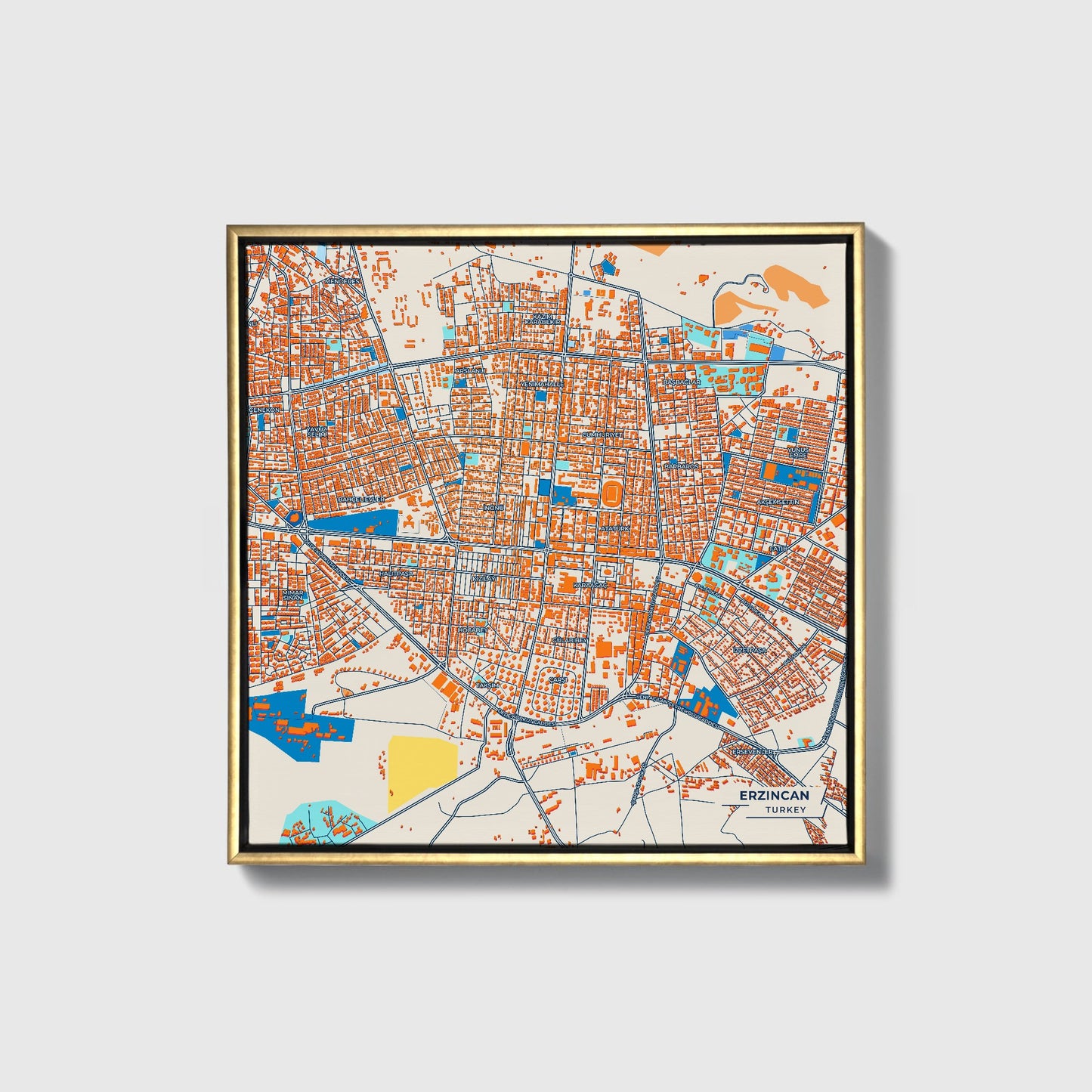 Erzi̇ncan Turkey Colorful City Map Canvas Print • Gold Framed