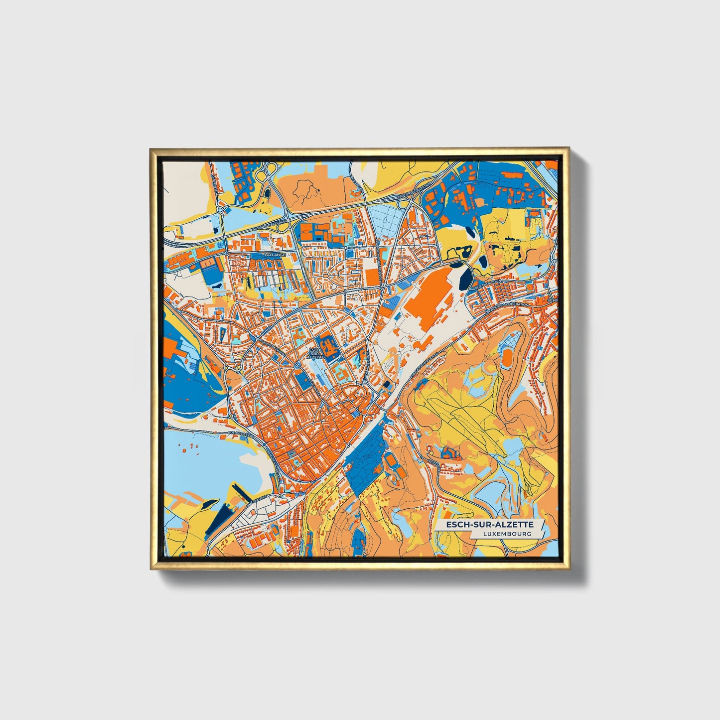 Esch-Sur-Alzette Luxembourg Colorful City Map Canvas Print • Gold Framed