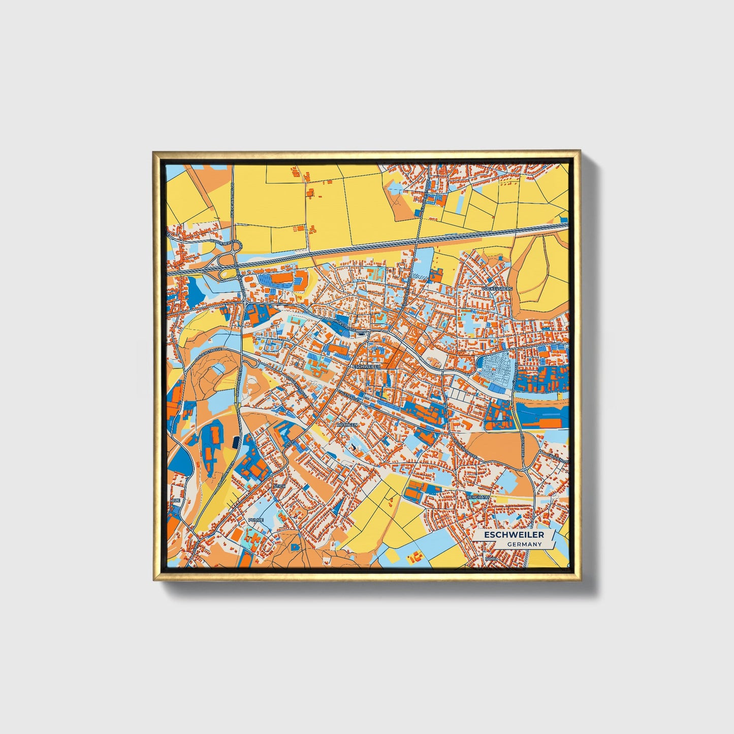 Eschweiler Germany Colorful City Map Canvas Print • Gold Framed