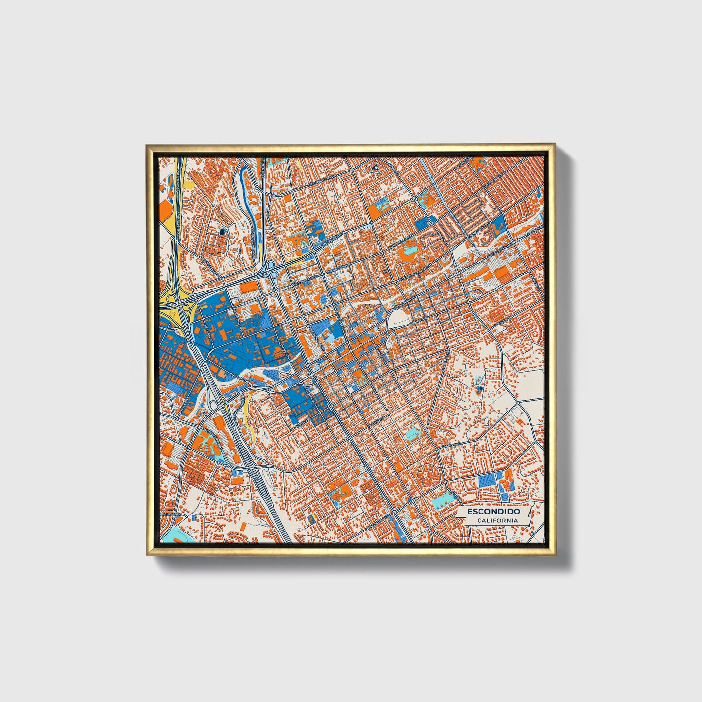 Escondido California Colorful City Map Canvas Print • Gold Framed