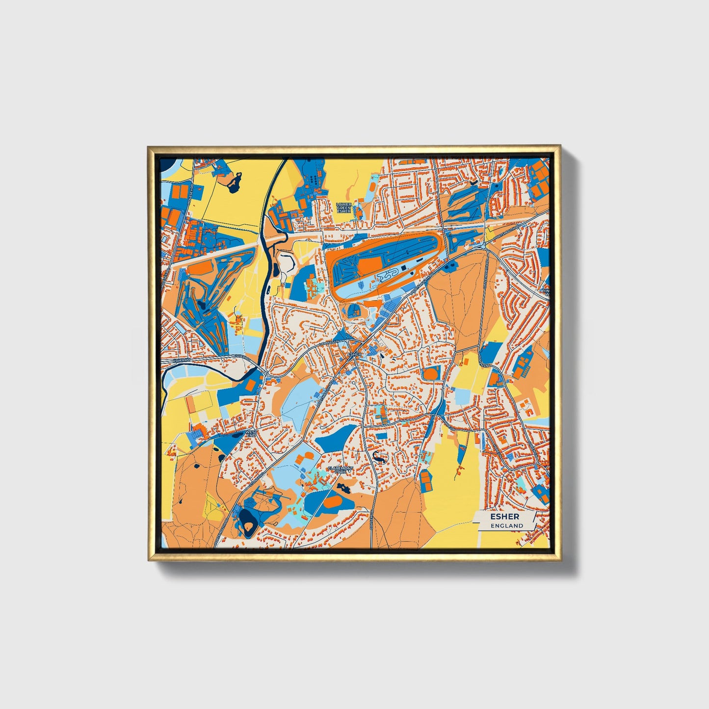 Esher England Colorful City Map Canvas Print • Gold Framed