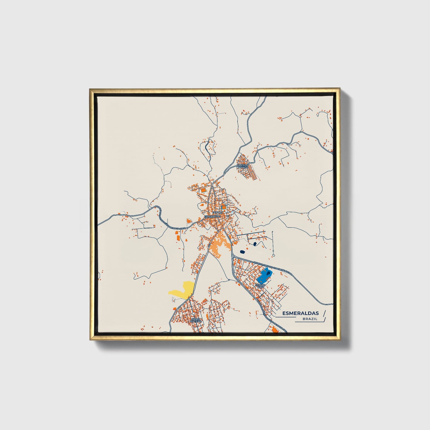Esmeraldas Brazil Colorful City Map Canvas Print • Gold Framed