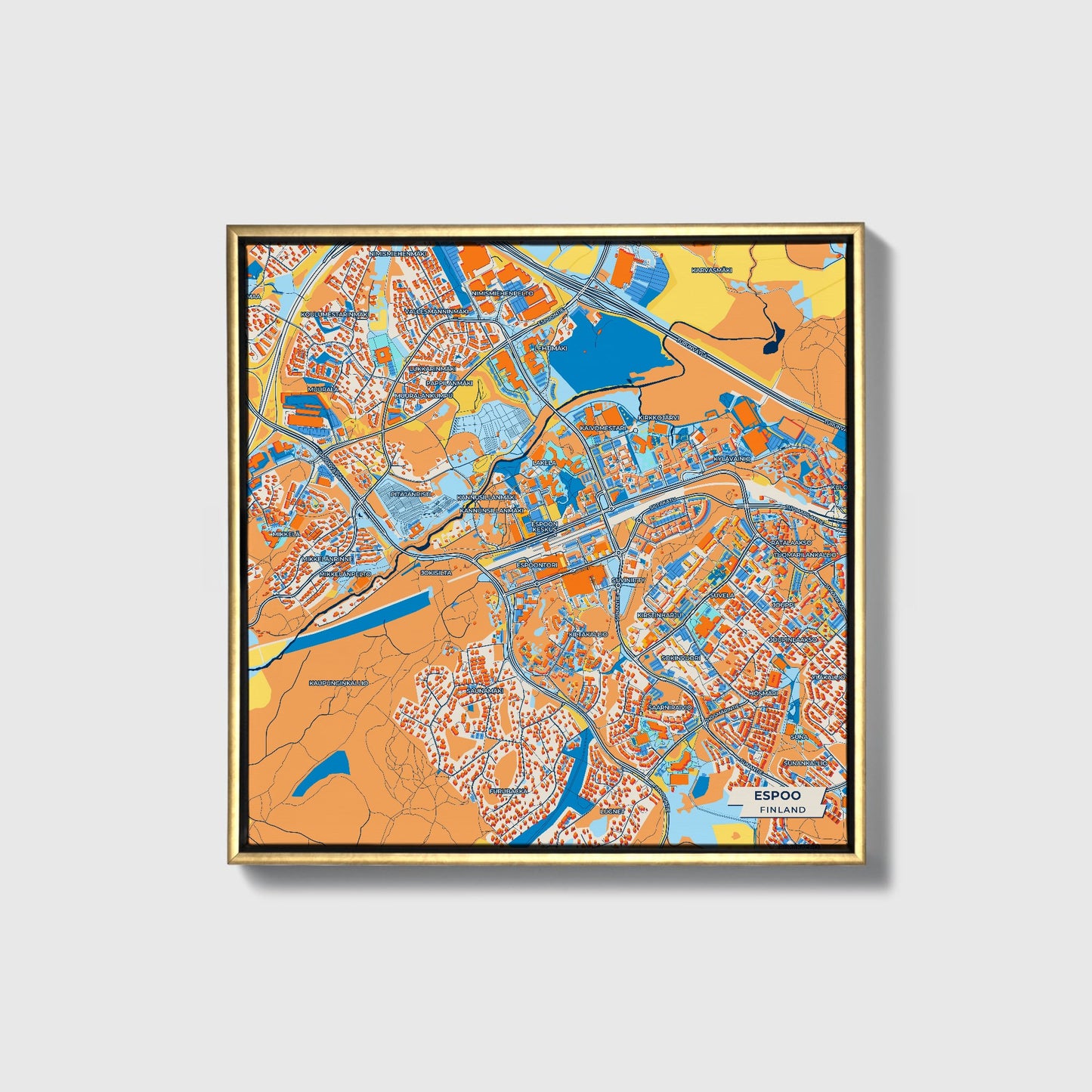 Espoo Finland Colorful City Map Canvas Print • Gold Framed