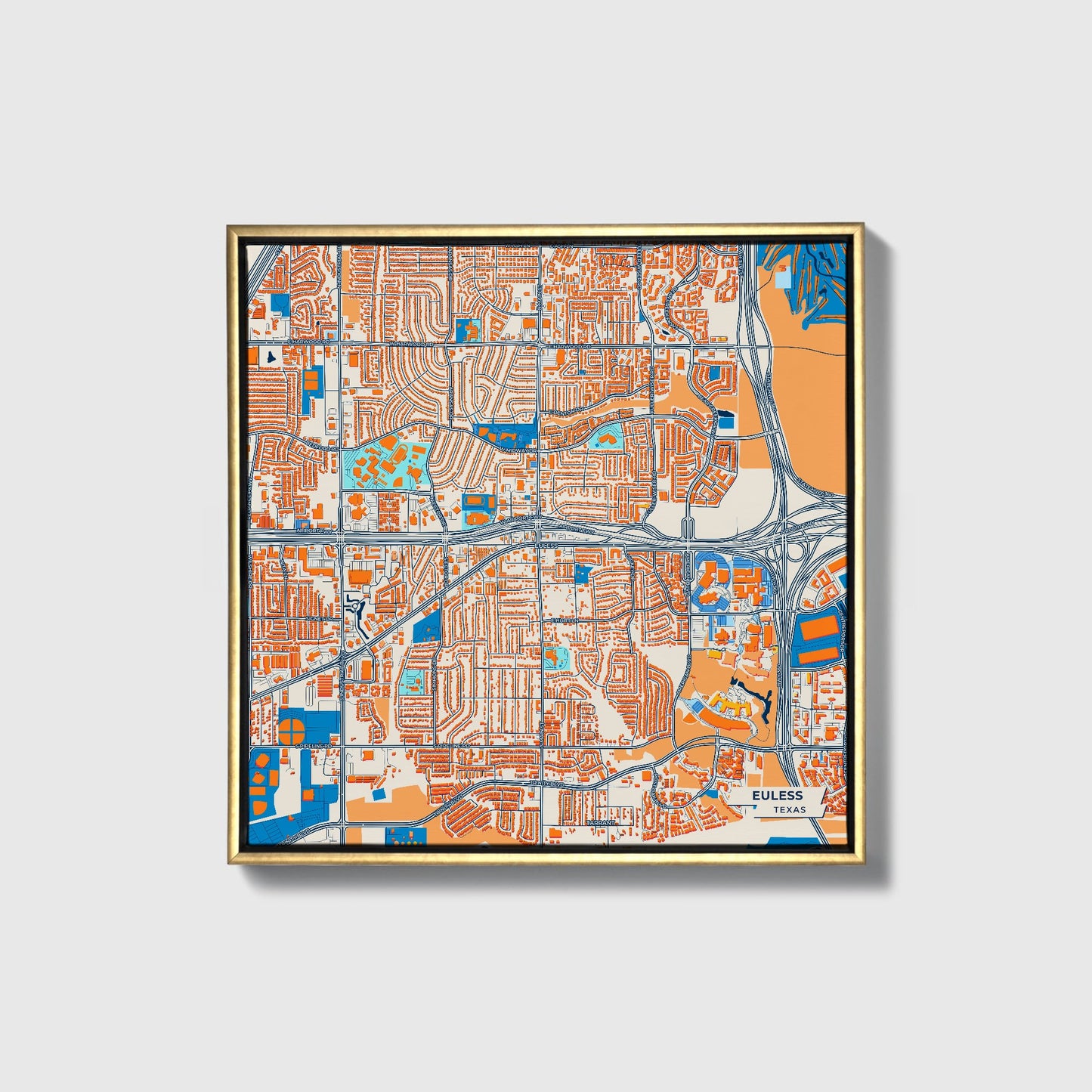 Euless Texas Colorful City Map Canvas Print • Gold Framed